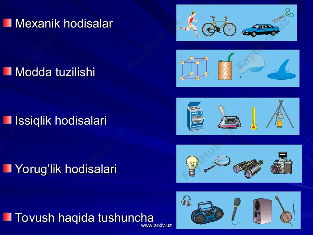 ga ko`ra, o`zbekistonimizda ham fizika fanining rivojlantirishi bo`yicha keng ko`lamli ishlar olib borilmoqda. bu ishlar bilan asosan o`zbekiston fanlar akademiyasiga tegishli ilmiy-tadqiqot institutlari hamda oliy o`quv yurtlari qoshidagi laboratoriyalardagi olimlar shug`ullanadilar. mexanik hodisalar bilan m.t. o`rozboyev nomidagi mexanika va inshootlar seysmik mustahkamligi institutida, issiqlik hodisalari bilan fanlar akademiyasining issiqlik fizikasi bo`limida akademik p.q. habibullayev rahbarligida ishlar olib boriladi. yorug`lik hodisalariga doir ishlar «fizika - quyosh» ilmiy ishlab chiqarish birlashmasida o`rganilmoqda. elektr hodisalari bilan fanlar akademiyasining elektronika instituti va fizika-texnika institutida shug`ullanishadi. bundan tashqari fizikaning amaliy tatbiqi sifatida «kibernetika» ilmiy ishlab chiqarish birlashmasida bozor iqtisodiyoti sharoitida respublika ijtimoiy-iqtisodiy rivojlantirishi boshqaruvining usullari, modellari va yangi informatsion texnologiyalarni yaratish bilan shug`ullanadi. koinot fizikasiga doir tadqiqotlar akademiyaning astronomiya institutida olib boriladi. www.arxiv.uz www.arxiv.uz siz kundalik turmushda choy qaynatmoqchi bo'lib, idishga suv solib, uni isita boshlasangiz, undan bug' chiqa boshlaganini ko'rasiz. birozdan so'ng qaynaydi va qaramasangiz qurib qoladi. qishda tashqarida qoldirilgan suv muzlab qoladi. suv …