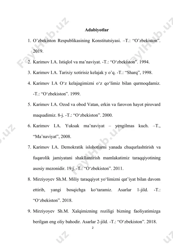 ston”. 2019. 11. mirziyoyev sh.m. milli tiklanishdan – milliy yuksalish sari. asarlar 4-jild. -т.: “o’zbekiston”. 2020. 12. иброҳимов а. бизким ўзбеклар ... . -т.: “шарқ”, 2011. 13. ma’naviy tahdidlar va unga qarshi kurash yo’llari (metodik qo’llanma). v.f.lafasov va boshq. –t., alisher navoiy nomidagi o’zbekiston milliy kutubxonasi nashryoti. 2010. 112 b. 14. мустақиллик: изоҳли илмий-оммабоп луғат / абдуллаев м., абдуллаева м., абдуллаева ф. ва бошқ. -т.: “шарқ”. 2006 15. эргашев қ., ҳамидов ҳ. ўзбекистон тарихи. ўқув қўлланма. -т.: “фан ва технология”. 2019. 796 б. 16. ўзбекистоннинг энг янги тарихи хрестоматияси. / масъул муҳаррир н.талипова. –т., “fan va texnologiya”. 2014. 328 б. 17. ўзбекистон тарихи (олий ўқув юртининг номутахассислик факультетлари талабалари учун дарслик). -т.: “янги аср авлоди”. 2003. 18. ўзбекистоннинг янги тарихи. учинчи китоб. мустақил ўзбекистон республикаси. -т.: “шарқ”. 2000. 1.мустақиллик йилларида маънавий-маърифий ҳаёт. мустақиллик туфайли тарихий ҳақиқатлар тикланди, миллий байрамлар ва урф-одатлар асл ҳолига қайтди, азиз-авлиёларнинг қаровсизликдан нураб, деярли йўқ бўлиб …