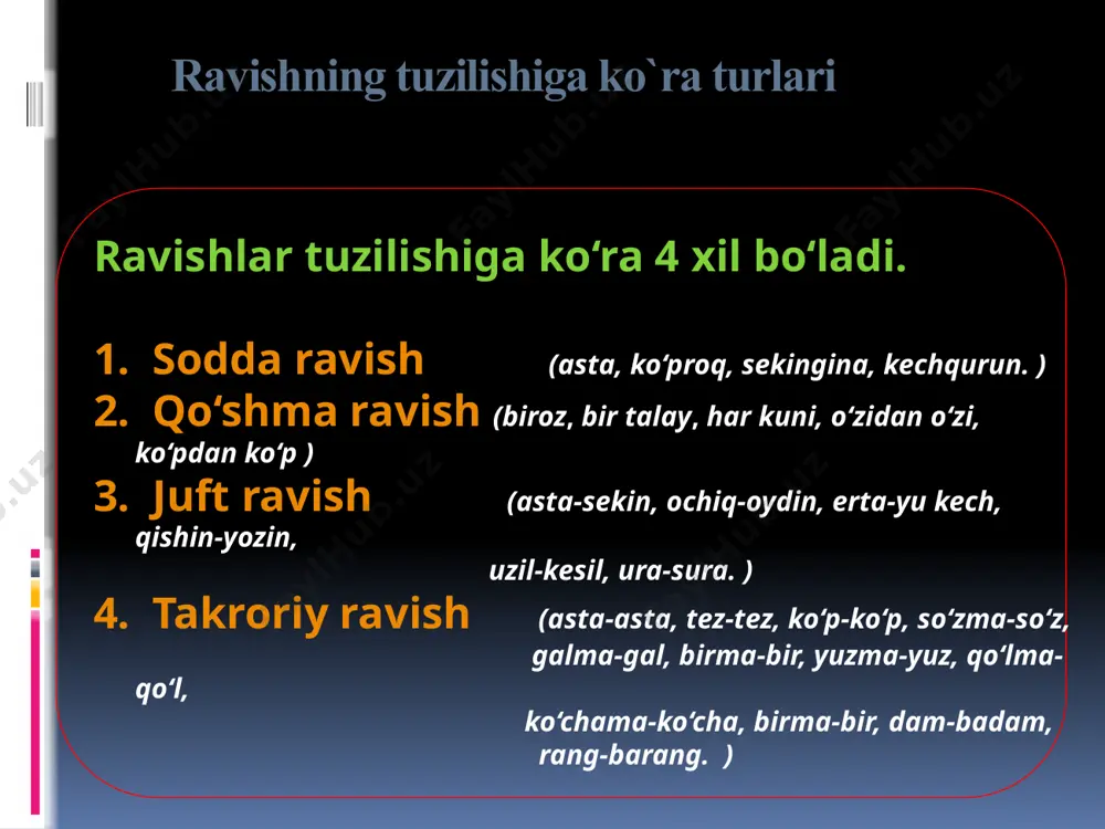 . mas: shamol oldindan esardi. ravish gapda otga bog‘lansa, aniqlovchi vazifasida keladi. mas: qiz aybdorlarcha tabassum bilan qaradi. ravish ba’zan kesim vazifasida ham keladi. mas: dangasaning vaji ko‘p. ravishlar otlashganda gapda ega yoki to‘ldiruvchi vazifasida kelishi mumkin. mas: ko‘p so‘zning ozi yaxshi, oz so‘zning o‘zi yaxshi.(ega); ko‘pdan quyon qochib qutulmas. (to‘ldiruvchi) /docprops/thumbnail.jpeg