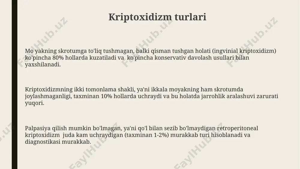 rrohlik inguinal yoki retroperitoneal yondashuvlar kabi turli jarrohlik usullarining tanlovi, tuxumning joylashuviga va bemorning yoshiga qarab, individual ravishda amalga oshiriladi. orxiopeksiya jarrohlik usulida 90% dan ortiq hollarda skrotumga tuxumni joylashtirishga imkon beradi va 3 yoshgacha bo'lgan bolalarda eng samarali hisoblanadi. mikroxirurgiya texnikasi, ayniqsa, tuxumning qon ta'minoti buzilgan murakkab holatlarda, tuxumni muvaffaqiyatli joylashtirish ehtimolini oshiradi va 5-10% hollarda qo'llaniladi. davolash usullari: jarrohlik laparoskopik orxiopeksiya minimal invaziv usul hisoblanib, kichik kesmalar orqali amalga oshiriladi va an'anaviy jarrohlikka nisbatan tezroq tiklanishni ta'minlaydi, muvaffaqiyat darajasi 95% dan yuqori. orxiopeksiya jarrohlik amaliyoti 6 oylikdan 1 yoshgacha bo'lgan bolalarda samarali bo'lib, tuxumni skrotumga o'tkazish va uning normal rivojlanishini ta'minlashga qaratilgan. inguinal yoki retroperitoneal yo'llar orqali amalga oshiriladigan jarrohlik davolashda, spermatikani himoya qilish uchun ehtiyot choralar ko'riladi va bu jarayon taxminan 1-2 soat davom etadi, bemorning yoshiga va holatiga qarab. kasallik alomatlari kamdan-kam hollarda, kriptoxis bepushtlikka olib kelishi mumkin, chunki tuxumning noto'g'ri joylashuvi spermatogenez jarayonini buzadi. bu, …