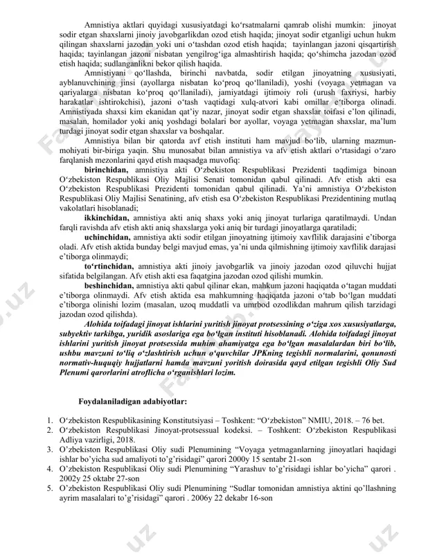lari sifatida ajratishda asos boʻlib xizmat qiladi. bu avvalambor, jinoyat protsessida mazkur shaxslarning huquqlarini qoʻshimcha tarzda himoya qilish, ushbu shaxslarning ruhiy holatini hisobga olib, protsessual harakatlarni amalga oshirishning oʻziga xos tartibini oʻrnatish zaruriyati bilan izohlanadi. yarashuv toʻgʻrisidagi ishlar boʻyicha ish yuritish yarashuv instituti xalqimizga xos boʻlgan kechirimlilik, insonparvarlik, bagʻrikenglik kabi azaliy qadriyatlarimizni oʻzida mujassam etgan. oʻzbekiston respublikasi oliy majlisi tomonidan 2001-yilning 29-avgustida “jinoiy jazolarning liberallashtirilishi munosabati bilan oʻzbekiston respublikasining jinoyat, jinoyat-protsessual kodekslari hamda ma’muriy javobgarlik toʻgʻrisidagi kodeksiga oʻzgartish va qoʻshimchalar kiritish haqida”gi oʻzbekiston respublikasining qonuni[footnoteref:2] qabul qilinganidan soʻng jinoyat protsessi sohasida yangi institut – yarashuv toʻgʻrisidagi ishlar boʻyicha ish yuritish tartibi joriy etildi va hozirgi kunda 56 ta jinoyat tarkibi boʻyicha yarashuv institutini qoʻllash imkoniyati nazarda tutilgan. [2: ] “jabrlanuvchi bilan yarashuv” toʻgʻrisidagi alohida toifadagi ish yuritish tartibining joriy etilishi va yarashgan ayblanuvchi (sudlanuvchi)ning sudlanmagan shaxs huquqiy maqomiga ega boʻlishi milliy jinoyat-protsessual tizimimizda inson huquqlarini ta’minlash borasida muhim qadam boʻldi. …