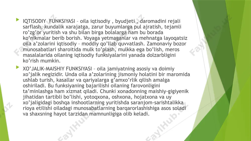 n adabiyotlar i.alqarov, r.mamatqulova, x.norqulov. shaxs va oila tarbiyasining pedagogikasi. toshkent-2009. e.x.zaitov. g’.o’.xolmurodov. ota-ona qaramog’isiz qolgan bolalar bilan ijtimoiy ish amaliyoti. darslik – toshkent-2024. oila psixologiyasi- 2015. ziyouz.com glossariy oilaning ijtimoiy maqomi- oilaning jamiyatga moslashganlik ko’rsatkichi uning ijtimoiy maqomi hisoblanadi, ya’ni oilaning bugungi kundagi holati. ijtimoiylashuv- insonning butun hayoti davomida o’z-o’zini o’zgartirish va rivojlantirishning boshqariladigan va maqsadga yo’naltirilgan jarayoni. oila- insonlar kundalik hayotining asosiy qismi- jinsiy munosabatlar, bolani dunyoga keltirish, bolalarning ilk ijtimoiylashuvi kabi holatlar sodir bo’ladigan ijtimoiy institut. shaxsning hayot tarzi- maqsadga muvofiq shakillangan qiziqishlar, faoliyat turlari va hayot yo’llari tizimi. adaptatsiya- insonning ijtimoiy muhit bilan faol o’zaro munosabatda bo’lishi va uning potensialini shaxsiy rivojlanish uchun ishlatish qobilyati. insoniylik- insonni shaxs sifatida qadrlaydigan, uning g’ururi va erkinligini himoyalash bilan harakterlanadigan, inson ,manfaatini ijtimoiy institutlarni baholashning asosiy me’yori deb hisoblaydigan qarashlar tizimi. nikoh- oilani yaratish, turmush o’rtoqlarning o’zaro huquqlqri, majburiyatlarini yaratish uchun tuzilgan erkak va ayolning erkin, ixtiyoriy, teng birlashishidir. …