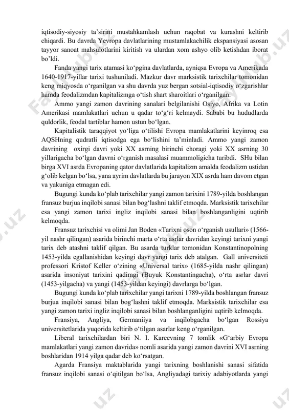do monopolistik kompaniyalari kapital jamg’arish jarayonida muhim rol o’ynadi. talon-tarojlik, yerli xalqni ezish va qirg’in qilish oqibatida mustamlakalardan olingan javohirlar metropoliyaga keltirilib, kapitalga aylantirildi. yevropa davlatlarining dengizda, jahon bozorida va mustamlakachilik borasida hukmronlik uchun bo’lgan raqobati natijasida ko’p sonli urushlar bo’lib o’tdi. yangi zamon davriga kelib ispaniya va portugaliya mustamlakachilikdagi hukmronliklariga gollandiya va angliya davlatlari chek qo’ydilar. xvii asr birinchi yarmida savdo va mustamlakachilik borasida tashabbus gollandiyaga tegishli bo’lgan bo’lsa, xvii asr ingliz inqilobidan so’ng u angliya qo’liga o’tdi. xviii asrda angliya va fransiya o’rtasida amerika, afrika va hindistondagi mustamlakalar uchun uzluksiz kurash bordi. ispaniya merosi (1702-1713) va avstriya merosi uchun (1741-1748) urushlar va yetti yillik urush (1756-1763)da angliya fransiyaning shimoliy amerika, g’arbiy-hindiston va sharqiy-hindistondagi mustamlakalarini tortib oldi. yevropa davlatlari uchun mustamlakachilik siyosati boylik orttirish manbai bo’lib xizmat qilgan bo’lsa, osiyo, afrika va amerikaning yerli aholisini u asoratga solib, qashshoqlikka mahkum etdi. g’arbiy yevropa davlatlarida yirik ishlab chiqarish sanoatiga asos …