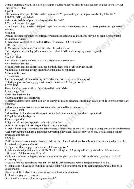 laniladi? j: smtp, pop yoki imar kalit taqsimlashda ko’proq nimalarga e`tibor beriladi? j: tez, aniq va maxfiyligiga agar subyektning xavfsizlik darajasi obyektning xavfsizlik darajasida bo‘lsa, u holda qanday amalga ruxsat beriladi. j: yozish qanday xujumda hujumchi mijozlarga, foydalanuvchilarga va tashkilotlarda mavjud bo‘lgan biror xizmatni cheklashga urinadi? j: xizmatdan voz kechishga undash (denial of service, dos) hujumlari kalit – bu … j: matnni shifrlash va shifrini ochish uchun kerakli axborot elektr signallarini qabul qilish va uzatish vazifalarini osi modelining qaysi satxi bajaradi j: fizik satx blokli shifrlash-: j: shifrlanadigan matn blokiga qo’llaniladigan asosiy akslantirish kriptobardoshlilik deb … j: kalitlarni bilmasdan shifrni ochishga bardoshlilikni aniqlovchi shifrlash tavsifi ma’lumotlar butunligi qanday algritmlar orqali amalga oshiriladi j: xesh funksiyalar kriptografiya – j: axborotni qayta akslantirishning matematik usullarini izlaydi va tadqiq qiladi keltirilgan protokollarning qaysilari transport satxi protokollariga mansub j: tcp,udp tekstni boshqa tekst ichida ma’nosini yashirib keltirish bu -: j: steganografiya yaxlitlikni buzilishi bu …