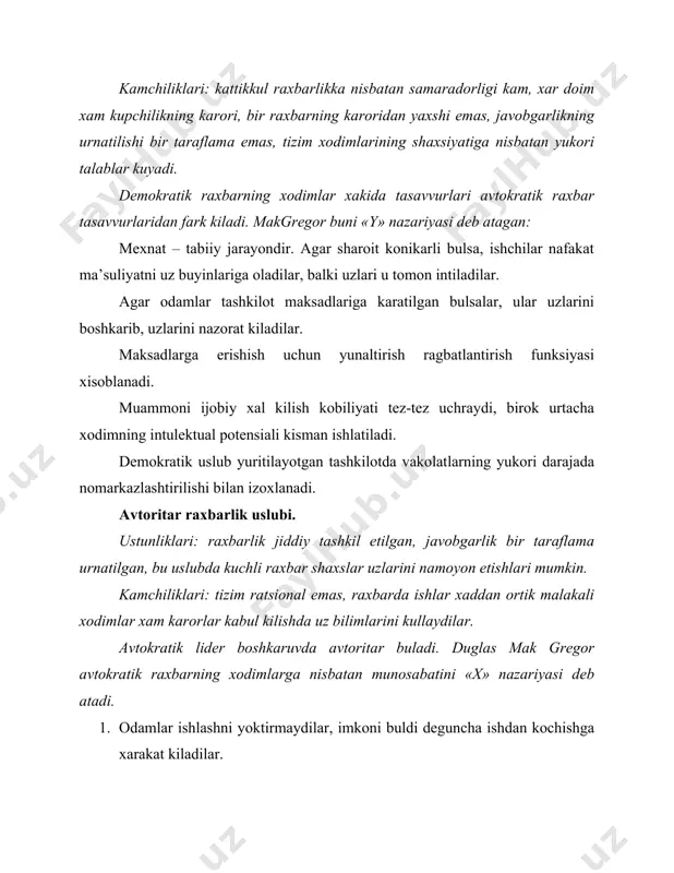 li modellar ishlab chikilgan: fidler raxbarligining vaziyatli modeli, mitchel va xausning «yul-maksad» yondoshuvi, xersi va blansharning xayot sikli nazariyasi va raxbar tomonidan karor kabul kilishning vrum-yyeton modeli. fidler raxbarligining vaziyatli modeli. bu model raxbar xatti-xarakatigaga ta’sir etuvchi 3 ta omilni ajratib kursatadi: raxbar xamda jamoa a’zolari orasidagi munosabat. vazifa tarkibi. vazifaning shakllanishida aniklik va odatiylik. lavozimli vakolatlar. fidlerning fikricha, uyoki bu raxbarning uslubi doimiy xisoblanadi. fidler fikricha, odamlar munosabatlariga karatilgan raxbarning uslublari raxbar uchun vaziyatlarda samaralirokdir. bunday uslub raxbarning ta’sir ettirish imkoniyatini kengaytiradi. mitchel va xausning «yul-maksad « yondoshuvi. ularning «yul-maksad» yondoshuvi raxbarlarning vaziyatga munosib ravishda raxbarlik uslubini kullashni talab etadi. «yul-maksad» termini kutilishlar nazariyasi kabi tushunchalarga yakin, shuningdek urinish–unumdorlik, unumdorlik–natijalar kabilar xam shular jumlasidandir. «yul-maksad» yondoshuvi raxbar xulk-atvorining motivlashtirishga, konikishga va xodimlar mexnat unumdorligiga ta’sirini tushuntirishga xarakat kiladi. xaus raxbarlikning kuyidagi uslublarini kurib chikkan: kullab-kuvvatlash uslubi; instrumental uslub; karor kabul kilishda xodimlar ishtirokini ragbatlantiradigan uslub va muvaffakiyatga karatilgan uslub. …