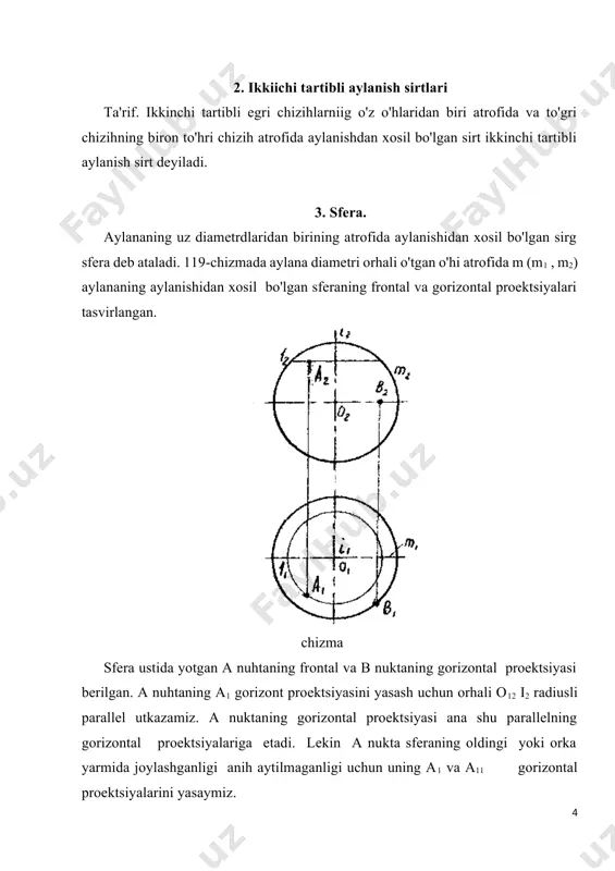 n, ixtiyoriy i o'h atrofida aylanishidan xosil bo'lgan sirt tor sirt deyiladi. yasovchi m aylana radiuci g va aylana markazidan o'hhacha bulgan r masofalarning o'zaro nisbatiga ko'ra tor sirtlari turlicha buladi: 1. g r bo'lganda yasovchi m (m1, m2) aylana aylanish o'hi i (i1 i2) ni kesadi. bu holda hosil bo'lgan tor ham, yonih tor deyiladi. (124 v-chizma) ixtiyoriy tekislik torni 4-tartibli egri chizih bo'yicha kesadi, shuning uchun tor ham, 4-tartibli sirtdir. i. aylana bulagining aylanishidan xosil bo'lgai tor-globoid va gumbaz shaklida uxshagan yopih tor sirtlari mavjud bo'lib (125-chizma) umuman tor sirtlari texnikada va kurilishda keng kullaniladi. chizma chizma ikkinchi tartibli egri chiziqlar haqida tushuncha. 4 1- ta‘rif. ax2  bxy  cy2  dx  ey  f  0 (1) ko’rinishdagi tenglama ikkinchi darajali algebraik tenglama deb ataladi. bu yerdagi а, в, с, d, е, f ma‘lum sonlar bo’lib ulardan а, в, с bir vaqtda nolga teng emas. …