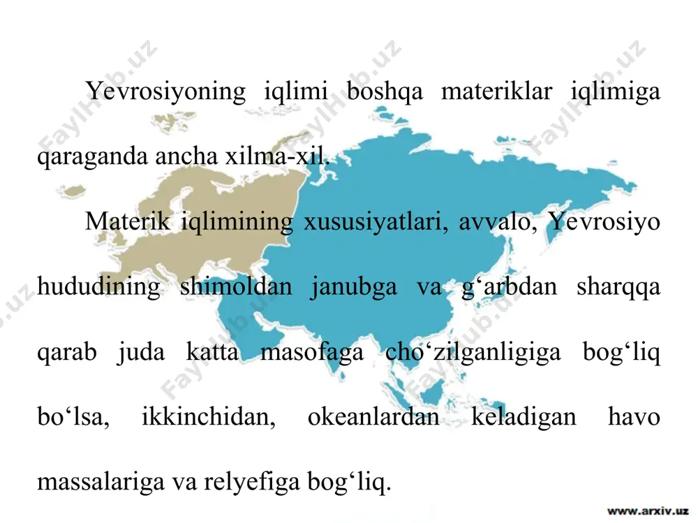 ishning harorati esa juda pasayadi, natijada qish va yoz oylarining haroratlari o‘rtasida katta farq vujudga keladi. yozda tinch okeandan keladigan dengiz havo massasi, ya’ni yozgi musson shamollari o‘zi bilan ko‘p miqdorda yog‘in keltiradi. qishda materik ustida, ayniqsa, markaziy osiyoning katta qismida yuqori havo bosimi markazi tarkib topadi, natijada ob-havo quruq va ochiq bo‘ladi, yog‘in kam tushadi, sovuq havo hukmronlik qiladi. o‘zbekiston hududida ham ana shunday ob-havoning kuzatilishiga markaziy osiyodan kirib keladigan havo sababchidir. relyefning iqlimga ta’siri. yevrosiyo yer yuzasining tuzilishi ham iqlimning hosil bo‘lishiga katta ta’sir ko‘rsatadi. ayniqsa, baland tog‘ tizmalari atmosferada harakat qilayotgan iliq va sovuq havo massalarini to‘sib qolib, iqlimning keskin o‘zgarishiga sabab bo‘ladi. bunday holni alp, kavkaz, tyanshan, himolay tog‘lari misolida ko‘rish mumkin. bu tog‘ tizmalari g‘arbdan sharqqa tomon cho‘zilgan bo‘lib, shimoldan keladigan sovuq shamollarning janubga o‘tishiga to‘sqinlik qiladi. yevrosiyo tog‘larida iqlim sharoiti balandlik mintaqalari bo‘yicha ham o‘zgaradi. balandlik iqlim mintaqalari alp, karpat, kavkaz, tyanshan, himolay kabi …