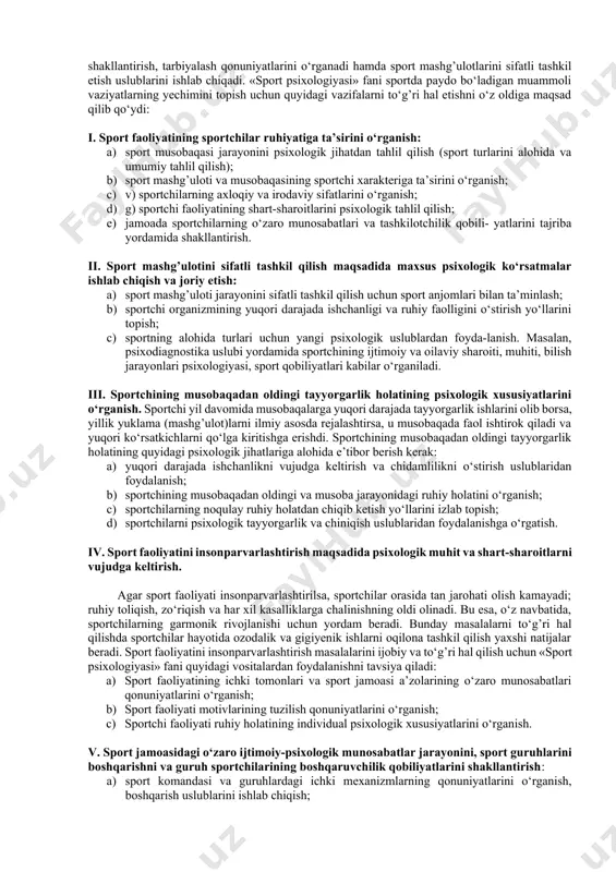 (masalan, futbol psixologiyasi, suzish psixologiyasi, otish psixologiyasi, musobaqa faoliyatining psixologiyasi) alohida o‘rganadi. «sport psixologiyasi» fani 60-yillarning oxiriga kelib rivojlana boshladi. sobiq ittifoq davrida mazkur fan bo‘yicha o‘quv adabiyotlari va ilmiy-tadqiqot ishlari rossiya olimlari tomonidan yozilar va boshqa respublika olimlari o‘z ona tiliga tarjima qilib o‘rganar edi. o‘zbekistonda hozirgi kungacha o‘zbek tilida «sport psixologiyasi» fani bo‘yicha birorta ham darslik yoki o‘quv qo‘llanma yozilgan emas. «sport psixologiyasi» fani paydo bo‘lishining birinchi bosqichida asosan jismoniy mashq bilan shug’ullangan kishilarning ruhiy jarayoniga ta’sir masalalari (aqliy, irodaviy) o‘rganilgan bo‘lsa, asta-sekin sportchining boshqa xususiyatlariga ta’sir etishi, masalan, sport harakat malakalari, hissiy-irodaviylik sifatlari, sportchining startdan oldingi ruhiy holati, malakalarni avtomatlashish shakllari kabilar ham o‘rganila boshlandi. ikkinchi bosqichda «sport psixologiyasi» fan sifatida pedagogik faoliyat jarayonlarida qo‘llanila boshlandi: sportchilarning bilish jarayonlari psixologiyasini shakllantirdi; sportchilarning irodaviy sifatlarini tarbiyalash, musobaqaga psixologik jihatdan tayyorlash mexanizmlarini ishlab chiqdi. natijada, sport psixodiagnostika sohalari paydo bo‘ldi. bu bosqichda ko‘plab dissertatsiya ishlari bajarildi, ya’ni muhim ilmiy …