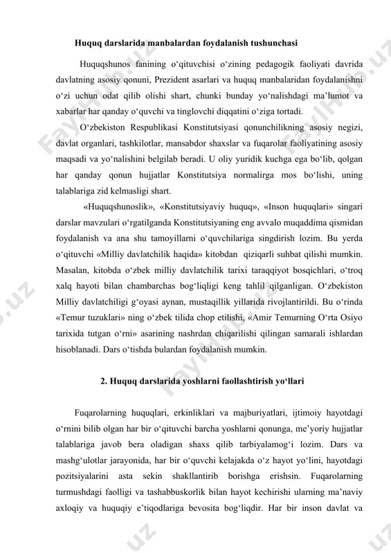shg‘ulotlar jarayonida, har bir o‘quvchi kelajakda o‘z hayot yo‘lini, hayotdagi pozitsiyalarini asta sekin shakllantirib borishga erishsin. fuqarolarning turmushdagi faolligi va tashabbuskorlik bilan hayot kechirishi ularning ma’naviy axloqiy va huquqiy e’tiqodlariga bevosita bog‘liqdir. har bir inson davlat va jamiyat hayotda faol ishtirok etayotgan bo‘lsa, huquqiy bilimga to‘la ega bo‘lsa, u o‘zining konstitutsiyaviy huquqlari va erkinliklari va barcha imkoniyatlaridan ham kundalik hayotida faydalanib boradi. har bir fuqaro o‘z hayotida mustahkam pozitsiyada tursa, jamiyat oldidagi dolzarb muammolariga to‘g‘ri baho berishga harakat qiladi. shaxsning huquqiy faolligi ijtimoiy hayotning barcha sohasida namoyon bo‘ladi. . 3. huquqiy faollik huquqiy faollikni o‘z mazmun mohiyatiga ko‘ra quyidagi guruhlarga bo‘lish mumkin: mehnat jamoalaridagi; ijtimoiy-siyosiy sohalardagi; madaniy sohadagi huquqiy faolliklar. fuqarolar hayotidagi huquqiy faollik bir necha yo‘nalishlarda shakllanishi mumkin. masalan, o‘quvchi yoki talaba barcha fanlardan a’lo baholarga o‘qiganligi faol yo‘nalishning aniq maqsadi bo‘lishi mumkin, lekin u jamoat ishlarida faol qatnashmasligi, huquqiy faol bo‘lmasligi va hokazolar unga halal beradi. hayotiy pozitsiyada …