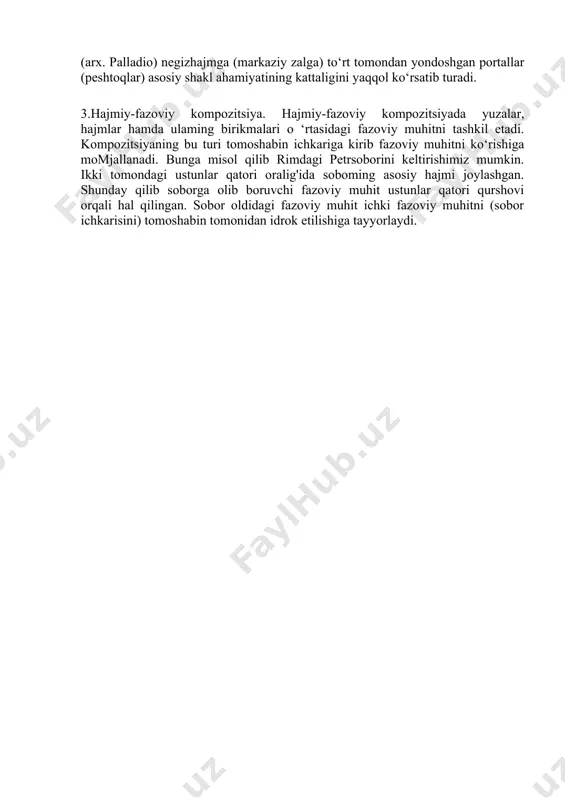 ar kompozitsiyaning ta’sirchanligini oshiradi.hajmiylik uchun uch koordinata bo‘ylab olingan o’lchamlarning tengligiyoki tenglikka yaqinligi xarakterlidir; kub, balandligi diametriga yaqin bo‘lgansilindr kabi shakllar hajmiy kompozitsiyani tashkil qiladi; balandligi qolgan ikki o'lchamiga nisbatan ajralib turgan shaklda ham hajmiylik ta’minlanadi; bu alohida turuvchi ustun, minorasimon inshootlardir. hajmiy shakl hajm sifatida idrok etilsagina hajmiy kompozitsiya vujudga keladi; bir tomondan idrok etilgan kub frontal shaklday tugallanadi; ko‘p qirrali prizmani tomoshabin bir nuqtadan idrok etsa ham hajmiylik namoyon bo‘ladi. hajmiy kompozitsiyada shaklning tomoshabinga nisbatan joylashishi nihoyatda muhimdir. agar shakl perpendikular tekislilar bilan chegaralangan bo‘lsa, tomoshabin uning faqat bir tomonini ko‘rsa, tomoshabin uni hajmiy shakl deb qabul qilmaydi.shaklni aylantirishjarayonida kokruvchi birvaqtning o‘zida uning 2 tomonini va u hosil qilgan burchakni ko‘rsa, shakl hajmi to‘laroq namoyon bo‘ladi.gorizont balandligi shaklning idrok etilishiga katta ta’sir ko‘rsatadi. ko'ruvchi bilan shakl orasidagi masofa kattalashsa, shakl chegaralari (silueti) juda kam o‘zgaradi, hajm kuchsizroq ifodalanadi. ko‘ruvchi bilan shakl orasidagi nmsofa yaqinlashtirilsa, shakl chegaralari keskinroq farqlanadi; …