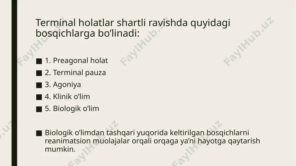siya. tavsiya etiladi 200, 360 dj (4500 va 7000 v). 🔷️ qorincha fibrilatsiyasi 3-razryaddan keyin kordaron 300 mg boshlang'ich dozada yuboriladi.(20ml fiziologik eritma yoki 5% glukoza eritmasi bilan), qayta –150 mg ( maksimum 2 gr gacha). 🔷️ kardaron yo’q bo’lsa lidokain kiritiladi– 1-1,5 mg/kg har 3-5 minut 3 mg/kg summar dozagacha. 🔷️ soda (4% - 100 ml) faqat og'ir atsidoz holatida, 20-25 minut yurak o’pka serebral reanimatsiyadan so’ng. 🔷️ magneziy sulfat – 1-2 gr v/i 1-2 minut ichida, qayta har 5-10 minutda. agar yuqoridagi barcha chora-tadbirlar amalga oshirilishiga qaramasdan, ekg da 30 daqiqa ichida asistoliya davom etsa, yurak o’pka reanimatsiyasi to’xtatiladi. ii bosqich f (fibrillation) defibrillyatsiya «noeffektiv yurak» - yurak elektrik aktivligi saqlangan, lekin yurak qisqarishi birdan susaygan yoki to’xtagan. ekg da komplekslar saqlangan, ammo ko’p holatda ular deformatsiyalangan, past amplitutada yurak o’pka reanimatsiyaning iii bosqichi bemorni reanimatsiya va intensive terapiya bo’limiga o’tkazilgandan keyin boshlanadi. iii bosqich bilaman charchadila, manam …