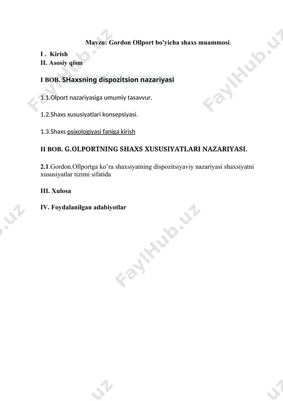 arakteristkasini ajratib o‘tadi(10,14): 1.shaxs xususiyati – bu faqat nomigagina emas, balki mavjud belgi. ya‘ni ular nazariy asoslar natijasi emas, balki xaqiqatdan odamlarda mavjuddir. 2.shaxs xususiyati odat emas ko‘proq umumlashgan sifatdir. odatlar birlashib, xususiyatlarga qo‘shiladi. 3.shaxs xususiyatlari fe‘l-atvorni xaraktlantiruvchi element xisoblanadi. ya‘ni xususiyatlar insonni ularni namoyon qiladigan vaziyatni qidirish yoki xosil kilishga moyillik bildiradi. 4.xususiyatlarning borligini faqat tajriba yo‘li bilan aniqlash mumkin. garchi ular bevosita kuzatishlarga izn bermaydi, psixologik metodlar ularni namoyon kiladi. 5.shaxs xususiyatlari boshqa xususiyatlardan faqat nisbatan mustaqildir. xususiyatlar berkingan xolda yanada ko‘proq umumlashgan xulq-atvor xarakteristikasida namoyon buladi. 6.shaxs xususiyatlari axloqiy yoki ijtimoiy baxoning sinonimi xisoblanmaydi. va xususiyatning salbiy ko‘rinishi – bu xar doim «yomon», ijobiy esa xar doim xam «yaxshi» bo‘lmaydi. 7.xususiyatni u namoyon bo‘lgan shaxs kontekstida yoki uning jamiyatda ommalashuvida ko‘rib chiqish mumkin. 8.ayrim qiliqlarning xususiyat bilan kelishmasligi insonda uning yo‘qligini isbotlamaydi. dastlab g.ollport umumiy xususiyatlarni xarakteristika tarzida madaniyati me‘yorida bir-biridan ajralib turuvchi insonlarni va boshkalar bilan …