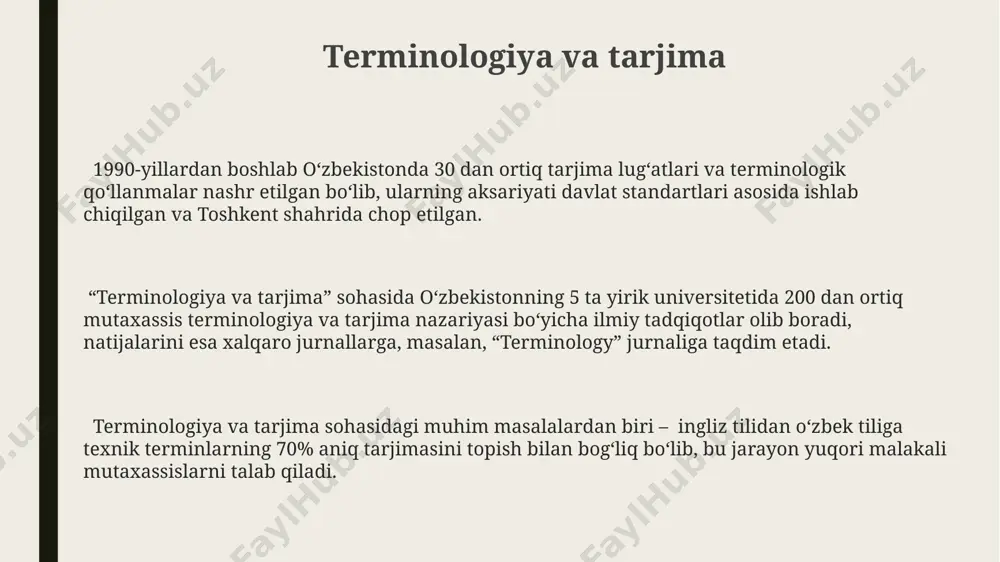 alar terminologiya standartlarini yaratish va ularni 200 dan ziyod ilmiy nashrlarda qo'llashda faol ishtirok etadi. terminologiya standartlari iso 704:2009 xalqaro standartiga muvofiq 120 dan ortiq til uchun terminlarni birlashtirish va tartibga solishni nazarda tutadi, shuningdek, o'zbekiston standartlashtirish agentligi tomonidan milliy standartlar ham ishlab chiqilgan. terminologiya turlari terminologik lugʻatlarni tuzishda, masalan, tibbiyot sohasida 1000 dan ortiq atamalar boʻlishi mumkin, shuning uchun aniqlik va izchillik uchun har bir atamaning inglizcha va ruscha ekvivalentlari bilan birga berilishi samarkanddagi ilmiy tadqiqotlar uchun muhimdir. terminologiyani yaratishda, masalan, 1990-yillardan keyin paydo boʻlgan yangi texnologiyalar (5g, sunʼiy intellekt) uchun xalqaro miqyosda qabul qilingan tartibga rioya qilish muhim, chunki bu 20 dan ortiq mamlakatda bir xil tushunchaga ega boʻlishga yordam beradi. terminologiyaning 3 turi mavjud: umumtil terminologiyasi (masalan, 200 dan ortiq soʻzdan iborat “oʻzbekiston geografiyasi” terminlari), maxsus terminologiya (kimyoviy elementlarning nomlari kabi 118 ta element), va soha terminologiyasi (masalan, toshkentdagi 5 ta yirik universitetning har birida oʻziga xos …