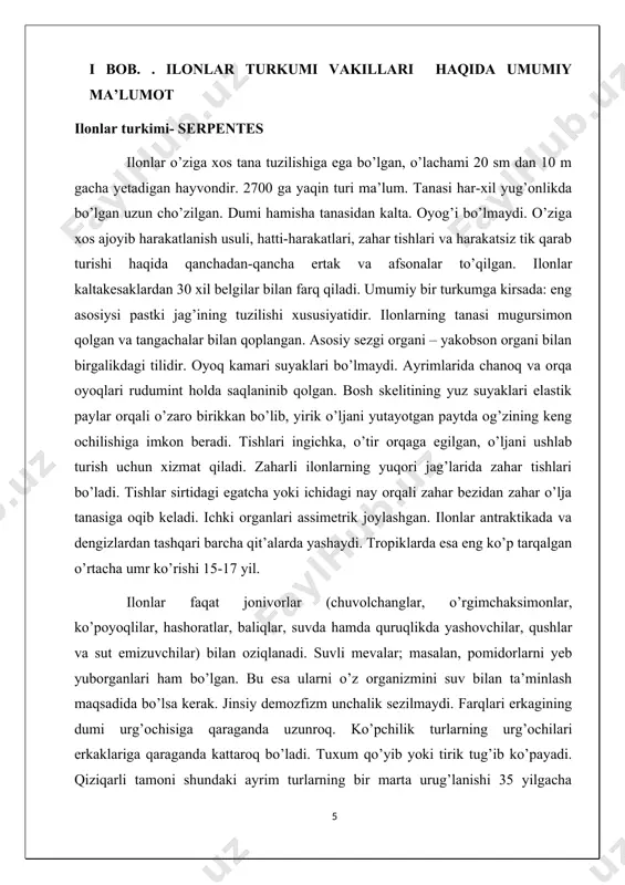 ng sababi shundaki, yuqori jag qo'shni suyaklarga bog'langan va harakatchan, pastki jag' elementlari esa cho'zilganli gament bilan bog'langan. barcha ilonlarda miya qutisining suyaklari harakatlanuvchi bog'langan. pastki jag'ning artikulyar, supra-burchakli va burchakli suyaklari bir-biri bilan birlashtirilgan, harakatlanuvchi bo'g'in bilan tish bilan bog'langan. pastki jag 'katta hayvonlarga yutish uchun yuqori darajada cho'zilib ketadigan yuqori ligaga biriktirilgan. xuddi shu maqsadda pastki jag'ning o'zi ikkita suyakdan iborat bo'lib, ular bir-biriga faqat ligament bilan bog'langan, ammo suyak bilan emas. yirtqichni yeyish jarayonida ilon navbat bilan chap va o'ng qismlarini harakatga keltirib, ovqatni ichkariga itaradi. ularda harakatlanadigan ko'z qovoqlari, tashqi va o'rta quloqlari yo'q. ular yomon eshitadilar, lekin tebranishlarni mukammal ajratadilar. ularning tanasi tebranishlarga juda sezgir va u ko'pincha yer bilan bevosita aloqada bo'lganligi sababli, hayvonlar hatto yer qobig'ining ozgina tebranishini his qilishadi.hamma ilonlarning ham ko‘rish qobiliyati yaxshi rivojlangan emas. ular asosan harakatni farqlash uchun kerak. yer ostida yashaydigan turlarning vakillari eng yomoni ko'rishadi. issiqlikni ko'rish …