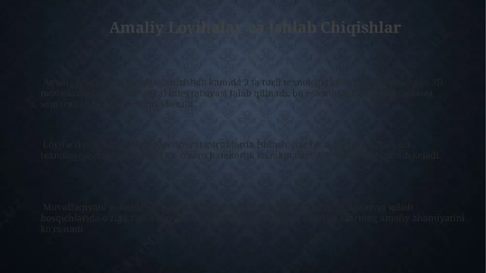 o'llash orqali 10 balldan yuqori baholarga erisha oladi. interaktiv o'yinlar va simulyatsiyalar orqali fanlararo aloqalarni mustahkamlash, o'quvchilarning 70% da bilim darajasini 20% ga oshirishga yordam beradi. fanlararo aloqalarni o'rnatishda 3 ta asosiy fan (matematika, fizika, informatika) o'rtasida kamida 5 ta o'zaro bog'liqlik nuqtasini aniqlash va ularni o'quv jarayoniga integratsiya qilish samaradorligini oshiradi. o'quvchilarning aktivligi va ijodkorligini oshirish 5 ta turli fanni integratsiyalash natijasida o'quvchilarning amaliy ko'nikmalari 40% ga va muammo yechish qobiliyati 30% ga oshadi. integratsion yondashuv orqali 30% gacha o'quvchilarning faol ishtirokini va 25% ga yaqin ijodiy loyihalar sonini oshirish mumkin. "o'yinlashtirish" metodikasini qo'llash orqali o'quv jarayoniga 15 nafar o'quvchidan kamida 10 nafari faol jalb qilinadi va ularning ijodiy fikrlash qobiliyati rivojlanadi. pedagogik texnologiyalarni qo'llash pedagogik texnologiyalarni qo'llash, o'quv jarayonini 30% ga samaradorligini oshirishga yordam beradi, bu esa o'quvchilarning 20% ko'proq bilim olishini ta'minlaydi. onlayn platformalar orqali individual yondashuvni amalga oshirish, o'quvchilarning 60% o'ziga mos tempda o'rganishiga va bilimlarini …