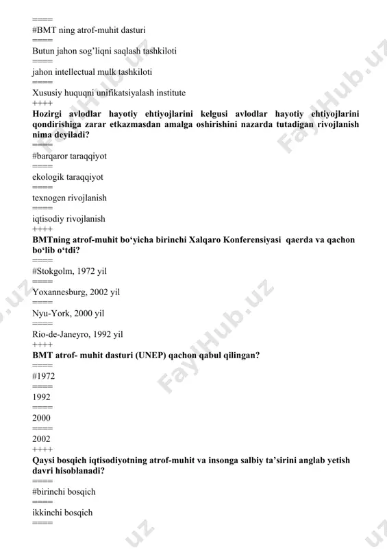 iqtisodiyot” holatini baholashda reyting usulidan foydalanadi? ==== #dual citizen xalqaro agentligi ==== jahon banki ==== ihtt ==== bmt atrof-muhit dasturi ++++ yashil o‘sish indeksi (green growth index-ggi) qaysi tashkilotga tegishli? ==== #global yashil o‘sish instituti ==== dual citizen xalqaro agentligi ==== jahon banki ==== bmt atrof-muhit dasturi ++++ global yashil iqtisodiyot indeksi (global green economy index - ggei) qaysi tashkilotga tegishli? ==== #dual citizen xalqaro agentligi ==== global yashil o‘sish instituti ==== jahon banki ==== bmt atrof-muhit dasturi ++++ global yashil o‘sish instituti qaysi shaharda joylashgan? ==== #seul ==== parij ==== nyu-york ==== london ++++ jahon banki tomonidan “yashil o‘sish”ni baholashda qo‘llanilayotgan natijaviy samaradorlik ko‘rsatkichlari qaysi sohalarni qamrab oladi? ==== #atrof-muhit, iqtisodiyot, ijtimoiy ==== ma’naviy, madaniy, ahloqiy ==== siyosiy, harbiy, xalqaro ==== biosfera, atmosfera, ekologiya ++++ ihttning “yashil o‘sish” modeli takror ishlab chiqarish bosqichlariga asoslanganligi bois “yashil iqtisodiyot”ni quyidagi uch o‘lchamda baholash imkonini beradi ... ==== #iqtisodiyot, tabiat va jamiyat …