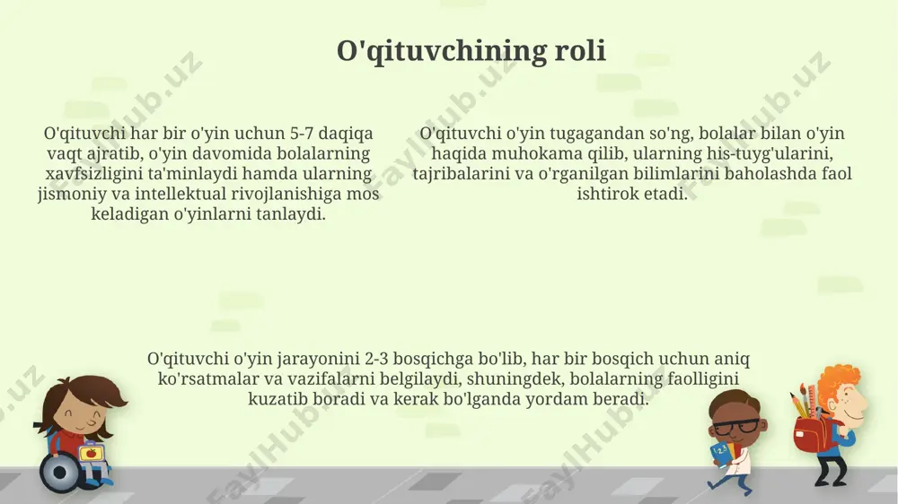 olalarning kognitiv rivojlanishiga ijobiy ta'sir ko'rsatib, xotira, e'tibor va mantiqiy fikrlash qobiliyatlarini 20-30% ga oshiradi. mobil o'yinlar yordamida 5-7 yoshli bolalarni jamoaviy ishga o'rgatish, muloqot ko'nikmalarini rivojlantirish va ijtimoiy moslashuvchanlikni yaxshilash mumkin. interaktiv mobil o'yinlar orqali bolalarda harakat koordinatsiyasi, nozik va umumiy motorikasi rivojlanadi, bu esa jismoniy faollikni 15-20 daqiqaga oshiradi. tayyorgarlik bosqichi har bir o'yin uchun zarur bo'lgan jihozlar va anjomlarni (masalan, to'plar, arqonlar, konuslar) oldindan tayyorlash, o'yinning uzluksiz va xavfsiz o'tishiga kafolat beradi. bolalar soniga qarab 2-3 ta kichik guruhlarga bo'lish, o'yin maydonchasini belgilash va o'yin qoidalarini tushuntirish kerak. bu o'yin jarayonini samarali tashkil qilishga yordam beradi. tayyorgarlik bosqichida 5-7 daqiqa davom etadigan jismoniy mashqlar bajarish, bolalarning mushaklarini isitish va asosiy o'yin harakatlariga tayyorlash uchun muhimdir. baholash va tahlil o‘yin natijalarini tahlil qilishda, har bir bolaning o‘yinlardagi ishtiroki darajasi, muvaffaqiyat darajasi va kamchiliklarini aniqlash muhim. o‘yin jarayonini videoga yozib olish orqali, bolalarning harakatlarini asta-sekin tahlil qilish va ularning …
