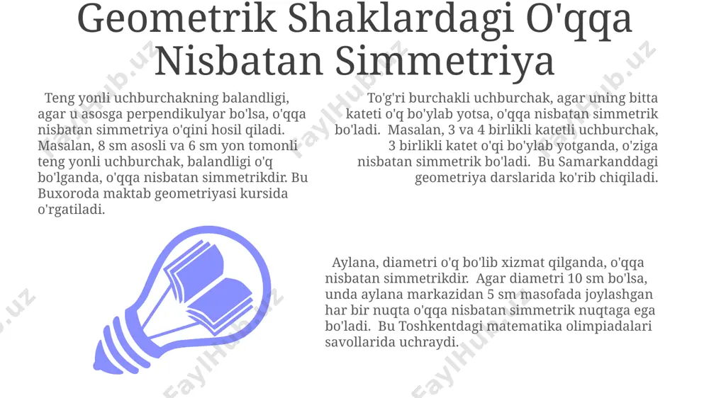 ilan ifodalangan nuqtalarni hisoblash orqali amalga oshiriladi. agar figura 3 o'lchovli bo'lsa, simmetriya o'qini topish uchun 3 o'lchovli koordinata sistemasidan foydalaniladi va mos nuqtalarning o'rta nuqtasi hisoblanadi. masalan, samarkanddagi bir nuqta (2,4,6) koordinatalariga ega bo'lsa, uning simmetrik nuqtasining koordinatalari o'qga nisbatan aniqlanadi. simmetriya o'qini aniqlashda kompyuter dasturlari, masalan, autocad yoki geogebra kabi 10 dan ortiq dasturlardan foydalanish mumkin. ular figura tasvirini tahlil qilib, simmetriya o'qini avtomatik ravishda aniqlaydi va koordinatalarini aniq ko'rsatadi. o'qqa nisbatan simmetriya masalalari va yechimlari o'qqa nisbatan simmetriya masalalari 7-sinf matematika darsliklarida 2-bobda, geometrik shakllar va ularning xossalari bilan bog'liq 3-4 ta misol ko'rinishida samarqanddagi maktablarda o'rganiladi. to'g'ri burchakli uchburchakni 1:2 nisbatda ikkiga bo'luvchi o'qqa nisbatan simmetriyani aniqlashda, gipotezani formulalash va 3 ta tenglikni isbotlash kerak, buxoroda bunday masala yechimlari turli usullar bilan o'rganiladi. aylananing o'qqa nisbatan simmetriyasini isbotlashda radiuslar uzunligi tengligi va 180° burchak ostida yotgan nuqtalarning koordinatalarini hisoblash muhim ahamiyatga ega, toshkentdagi oliy o'quv yurtlarida …