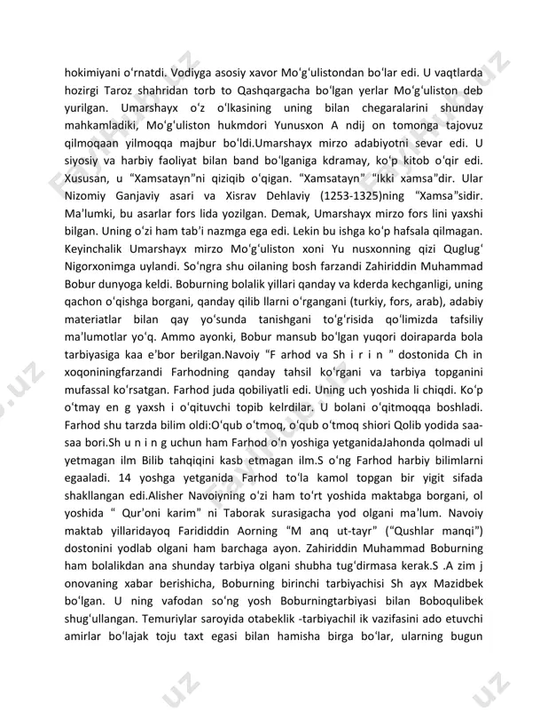 zahiriddin muhammad bobur marhum otasi umarshayxning oʻrniga andijonda taxtga koʻtarildi. b o b ur n i n g a n d i j o n viloyati hukmdorligi boshlanishi bilanoq uning umri uzoq yillar davomida urush lar, yu rish lar, gʻalaba va magʻlubiyatlar bilan kechdi. demak, oʻzbilimi va ijodini yuksaltirmoq uchun sharoit har vaqt ham qulay boʻlgan emas. sh unga qaramay bobur oʻz zamonasining eng yetuk ilm-fan arbobi, shoiri boʻlib yetishdi. shundan maʼlum boʻladiki, bobur oʻsha 12 yoshgacha boʻlgan bolalik yillarida navoiyning farhodi singari koʻp bilimlarni oʻqigan va ularni uqib olgan edi.bobur yashagan zamona va muhitda (xvi asr boshlari) tanilgan sh oirlardan biri muhammad solihdir. a ndij onning yosh hukmroni bobur bu sh oirning koʻp sheʼrlarini yod bilgan. chunki keyinchalik “boburnoma” asarida muhammad s olihning sheʼrlaridan ayrim namunalarni kundalikturmush voqealari bilan bogʻliq ravishda baʼzi lavhalarda keltirgan.bobur andijonda yashagan davrda bu yerdagi madaniy muhit ancha rivoj topgan edi. s.azimjonova akademik yu .n …