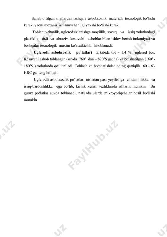an bir qismidagi foizini ko‘rsatadi. volpframli po‘lat v1 v – volpfram raqam volframning foiz hisobidagi miqdorini bildiradi. xromvolpf-ramli po‘lat xv5 xrommarga-netsli po‘lat xvg xromvolp- framkremniy marganetsli po‘lat xvsg xromvolp- framvannadiy-li po‘lat x6vf f – vanadiy; xromli po‘latlardan (0,4-0,7% cr) yumshoq materiallarga ishlov berish uchun qo‘l metchiklari, zenkerlar tayyorlanadi. shuningdek yirik egovlar tayorlash tavsiya etiladi. 9xc markali po‘lat (0,95 - 1,25% cr, 1,2 - 1,6% si) yaxshi toblanadi va yuqori issiq-bardoshlikka ega,(qattiqligi 60hrc dan kam emas, 2500 – 2600c gacha qiziganda o‘zining turg‘unligini saqlab qoladi). xvg markali po‘lat (0,90 - 1,20% cr, 1,20 - 1,60% w, 0,80 - 1,10% mn) eng yuqori toblanuvchanlikka ega, toblanganda ham deformatsiyalanadi va yumshoq materialga ishlov beruvchi yirik va uzun sidirgichlarni tayorlash uchun qo‘llaniladi. xvsg markali po‘latda kremniy miqdori bir oz ko‘proq bo‘ladi (0,65-1,0% c, xbg markali po‘latda 0,15 - 0,35% c) chuqur toblanuvchanlikka va issiq-bardoshlikka ega bo‘lib ulardan yumaloq plashkalarni, yirik sidigichlarni, razvertkalarni tayyorlash uchun …