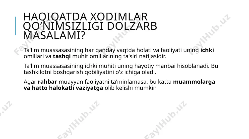 o'zlarining ovozi borligini va o'z hissalari uchun tan olinishini tushunishlari kerak. xodimlar haqiqatan ham ularning faoliyatiga nimadir bog'liqligini his qilishlari kerak. doimiy bandlik nafaqat ishda, balki hayotning boshqa sohalarida ham asosiy bo'lgan barqarorlik tuyg'usini yaratadi. ish haqlarini oshirish? xodimlar qo’nimsizligi sabablari turlicha bo’lsada uning yechimida ta’lim xodimlari maoshni boshqa kasblarning o’rtacha maoshi bilan solishtirilganda farq sezilarla darajada yirik bo’lishi kerak emas. masalan: kareya respublikasi, singapur, ispaniyada umum ta’lim xodimlarida mamlakatdagi o’rtacha ish haqqiga nisbattan 39%, 25% va 24% ga ko’proq. eng muhumi bu mamlakatlarda umumta’lim maktablaridagi qo’nimsizlik darajari eng past hisoblanadi. shu yerda bitta narsani aytib ketish muhim, aynan bu mamlakatlarda nafaqat oylik balki ko’plab boshqa yo’llar bilan ta’lim xodimlari qo’llab quvvatlanadi. hukumat tomonidan ta’limga ajratiladigan yillik xarajatlarni jahon standartiga yetkazish unesco tashkilotining tavsiyalariga ko’ra ta’lim sohasiga hukumat tomonidan mamlakat yalpi ichki mahsulotning 4% dan 6% gacha ajratishi kerak. statistika qo’mitasiga ko’ra o‘zbekiston yalpi ichki mahsulot 2023-yilda, 1,07 kvadrillion so‘mni …