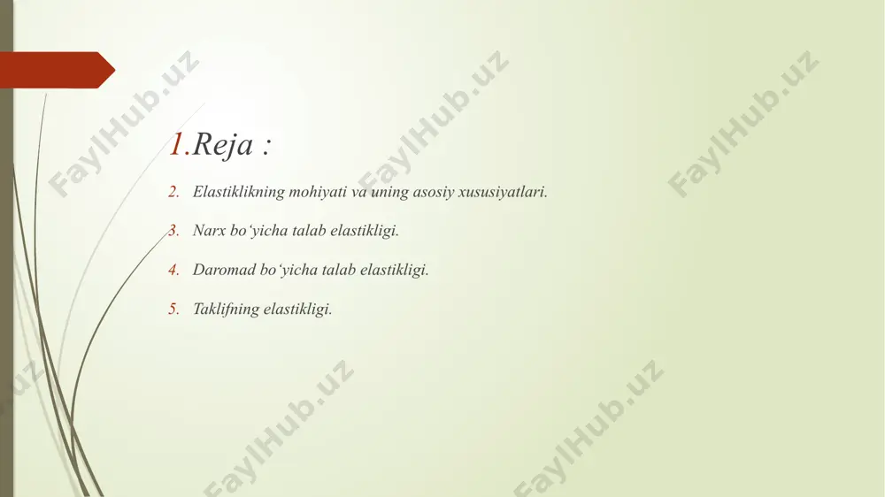 yerda - talabning foiz o‘zgarishi; - narxning foiz o‘zgarishi. shuni eslatish lozimki, foiz o‘zgarish, o‘zgaruvchining mutlaq o‘zgarishini, o‘zgaruvchining oldingi darajasiga nisbatidir. narxga bog‘liq talab elastikligi talab chizig‘ining alohida nuqtasida o‘lchanadi va egri chiziq bo‘yicha siljiganimizda, u o‘zgarib boradi. shunga mos ravishda, real statistik ma’lumotlarga ko‘ra, nuqtaviy va yoysimon elastiklik koeffisientlarini aniqlash mumkin. misol: limonga bo‘lgan talab 100 dona bo‘lganda, har bir limonning narxi 750 so‘mni tashkil qildi, talab 200 dona bo‘lganda, har bir dona limon 500 so‘m bo‘lsin. talab egri chizig‘ini chizing va yoysimon elastiklik koeffisientini hisoblang. 6-rasm. narxga bog‘liq talab elastikligi va yoysimon elastiklik koeffisienti. bu yerda q1 - va p1 - talabning va tovar narxining boshlang‘ich qiymatlari, q2 - va p2 - talabning va tovar narxining o‘zgargan qiymatlari. elastiklik koeffisienti qiymatiga qarab talabni elastik, noelastik va birlik elastiklikga ega bo‘lgan talablarga ajratish mumkin. agar talabning narx bo‘yicha elastiklik koeffisienti ed>1 bo‘lsa, talab elastik deyiladi. agar talabning narx bo‘yicha …