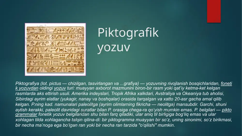 da aks ettiriladi. bunga arab yozuvi misol bo`la oladi. 3-bosqich fonografik yozuvning uchinchi bosqichi fonematik bosqich deb atalishi mumkin, chunki bu bosqichda har bir tovush uchun bitta harf qo`llangan. bu yozuvning yuzaga kelishida qadimgi yunonlarning xizmatlari kattadir. ular qadimgi finikiyaliklardan grafik belgilarni o`zlashtirib oldilar va unli tovushlar uchun ham harf qo`shdilar. bunda ham ular finikiyaliklar alifbosidagi ortiqcha undosh harflardan foydalanganlar. e’tiboringiz uchun rahmar ! image6.png image7.png image8.png image2.png image3.png image4.png image5.png