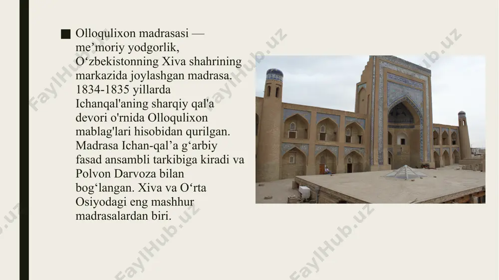 bilan qiyin o‘qiladigan suls xati uslubidagi yozuvda qur’oni karimning fath (g‘alaba) surasi yozilgan. madrasaga hunarmandchilik uyushmasi va folklor qo‘shiqchilik ansamllari joylashgan. bugungi kunda olloqulixon madrasasi diniy maktab sifatida faoliyat ko‘rsatishda davom etmoqda va ko‘plab talabalar o‘zbekiston va markaziy osiyoning boshqa hududlaridan islom ilohiyoti, fiqh va boshqa tegishli fanlarni o‘rganish uchun kelishadi. madrasa ham mashhur sayyohlik maskani bo‘lib, uning go‘zal me’morchiligiga qoyil qolish va o‘zbekistondagi islom ta’limi tarixi bilan tanishish uchun dunyoning turli burchaklaridan tashrif buyuruvchilarni jalb qiladi. foydalanilgan adabiyotlar : „моддий маданий мероснинг кўчмас мулк объектлари миллий рўйхатини тасдиқлаш тўғрисида ўзбекистон республикаси вазирлар маҳкамасининг 846-сон 04.10.2019 й. қарори“. oʻzme. birinchi jild. toshkent, 2000-yil image1.jpeg image2.jpg image3.png image4.jpg image5.jpeg image6.jpg image7.jpeg image8.png /docprops/thumbnail.jpeg