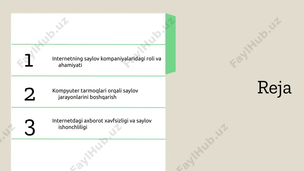 arayonini boshqarish uchun zarur vositalarni taqdim etadi. bu saylov natijalarini tezda hisoblash va ularni oshkor qilish imkonini beradi. xulosa umuman olganda, internet saylov kompaniyalarining samaradorligini oshirishda muhim rol o'ynaydi, bu esa saylov jarayonini modernizatsiya qilishga yordam beradi. title: saylov jarayonida internetdan foydalanish subtitle: internetning saylov jarayonidagi roli paragraph: internet saylov jarayonida muhim o'rin egallaydi. u saylovchilarni ro'yxatdan o'tkazish, saylov natijalarini tezda e'lon qilish va muhokamalarni tashkil etish orqali jarayonlarni yanada samarali va tezkor amalga oshirish imkonini beradi. bullet points: - saylovchilarni onlayn ro'yxatdan o'tkazish: bu jarayon saylovchilarga qulaylik yaratadi va vaqtni tejaydi. - saylov natijalarini tezkor e'lon qilish: internet orqali natijalar bir necha daqiqalarda tarqatilishi mumkin. - saylov muhokamalari: ijtimoiy tarmoqlar va forumlar orqali saylovchilar fikrlarini bildirish imkoniyatiga ega bo'ladi. - ijtimoiy tarmoqlar: saylov jarayonida ma'lumotlarni tarqatish va saylovchilarni jalb qilishda muhim rol o'ynaydi. - saylov ta'minoti: internet orqali saylov jarayonini monitoring qilish imkoniyatlari, shu jumladan xatolarni tezda aniqlash. internet …