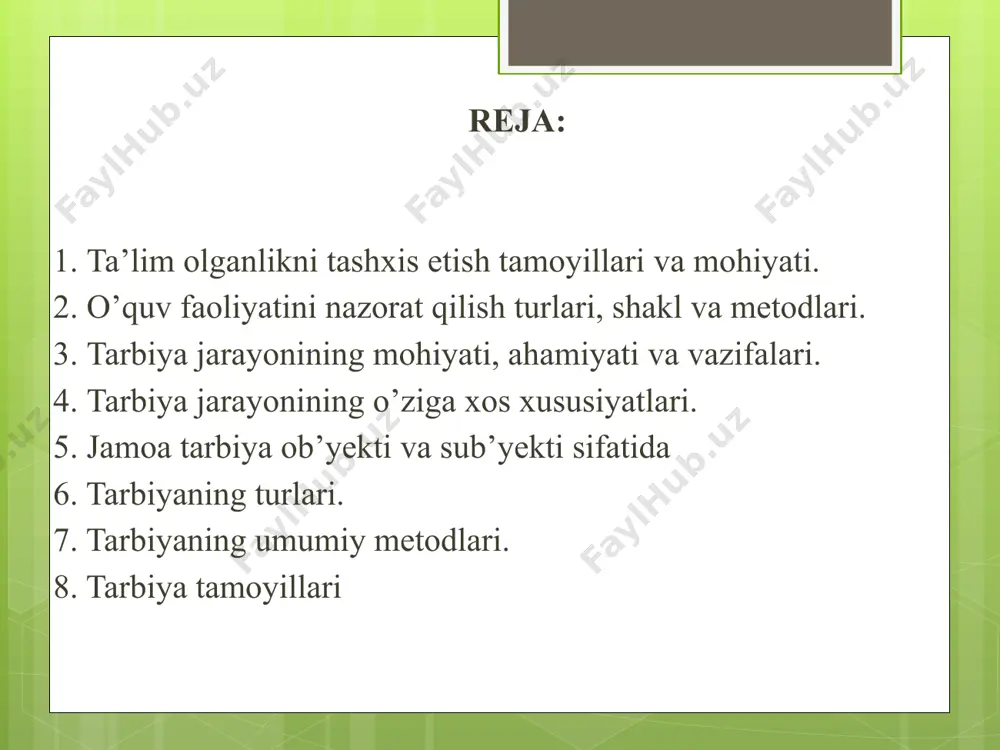 azifalarini tekshirish. bilim, ko‘nikma, malakalarni va kompetensiyalarini baholash mezonlari. yuqoridagilardan kelib chiqib shunday xulosa chiqarish mumkin: «5» baho qo‘yiladi, agar: a) o‘quvchi dasturdagi materialni to‘liq o‘zlashtirib olgan bo‘lsa; b) o‘rganilgan mavzu bo‘yicha asosiy fikrlarni ochib bera olsa; v) egallangan bilimlarni amalda erkin qo‘llay olsa; g) o‘rganilgan mavzuni bayon qilishda, yozma ishlarda xatolarga yo‘l qo‘ymasdan, ma’lumotlarni tushuntirib bera olsa. «4» baho qo‘yiladi, agar: a) o‘quvchi o‘rganilgan mavzuning mohiyatini bilsa; b) o‘qituvchining savollariga qiynalmasdan javob bera olsa; v) egallangan bilimlarni amaliyotda qo‘llay olsa; g) og‘zaki javob berishda jiddiy xatolarga yo‘l qo‘ymasdan, o‘qituvchining qo‘shimcha savollari bilan xatolarini to‘g‘rilay olsa hamda yozma ishda uncha jiddiy bo‘lmagan xatoga yo‘l qo‘ysa qo‘yiladi. «3» baho yiladi, agar: a) o‘quvchi o‘rganilgan mavzuni o‘zlashtirgan, lekin mustaqil tushuntirib berishda o‘qituvchining aniqlashtiruvchi savollariga ehtiyoj sezsa; b) savollarning mantiqiy tuzuilishini o‘zgartirib berganda, javob berishga qiynalsa; v) yozma ishda xatolari bor bo‘lsa. «2» baho qo‘yiladi, agar: a) o‘quvchi o‘rganilgan mavzu haqida tushunchaga ega, …