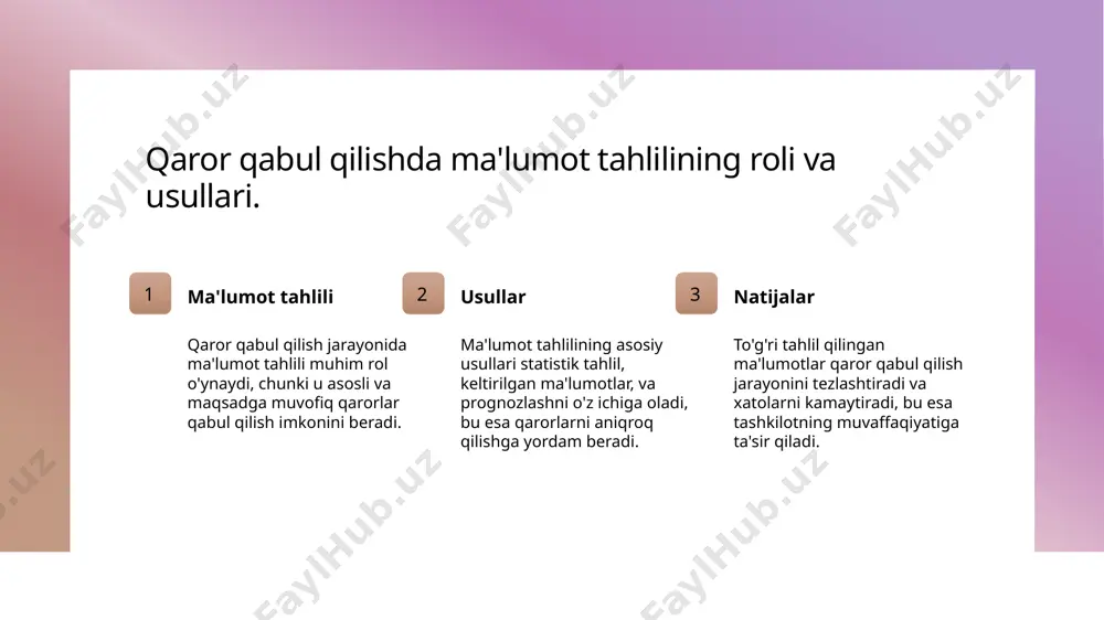 o'llash orqali samarali natijalarni ta'minlaydi va raqobatbardoshlikni oshiradi. madaniy kontekstda qaror qabul qilish ramkalari. madaniy kontekst madaniy kontekst, qaror qabul qilish jarayonida muhim rol o'ynaydi. u tashkilotning ichki va tashqi muhitiga moslashuvchanlikni ta'minlaydi. qaror qabul qilish usullari madaniy kontekstga mos qaror qabul qilish usullari, mahalliy qadriyatlar va an'analarni hisobga olgan holda, samarali natijalar berishi mumkin. innovatsiyalar va madaniyat innovatsiyalar, madaniy kontekstda qaror qabul qilish jarayonida, yangi g'oyalar va yondashuvlarni joriy qilish orqali tashkilotning raqobatbardoshligini oshiradi. organizm ichida strategik qaror qabul qilish jarayoni. 1 strategik qarorlar strategik qarorlar, tashkilotning uzoq muddatli maqsadlarini belgilaydi va resurslarni samarali taqsimlashni ta'minlaydi, bu esa raqobatbardoshlikni oshiradi. 2 qaror qabul qilish jarayoni qaror qabul qilish jarayoni ma'lumot to'plash, tahlil qilish va imkoniyatlar baholashdan iborat. bu jarayon, xatolarni kamaytirish va muvaffaqiyatni oshirishga yordam beradi. 3 jamoa ishtiroki jamoa a'zolari o'rtasidagi muloqot va hamkorlik strategik qarorlar qabul qilishda muhim ahamiyatga ega. ular turli nuqtai nazarlarni taqdim etadi va …