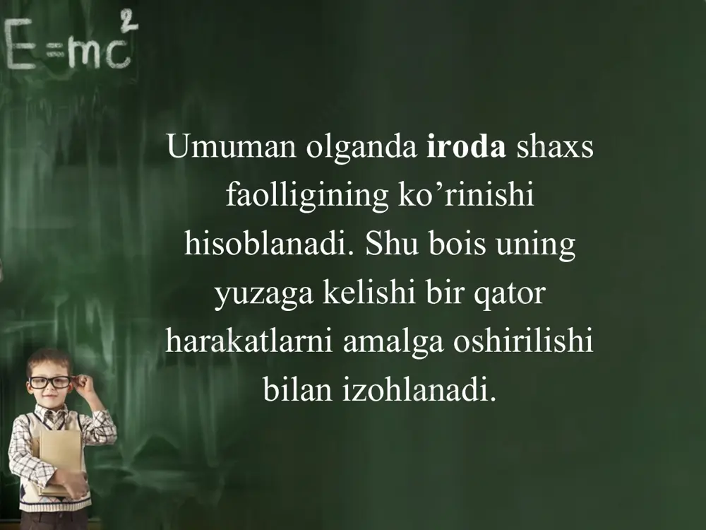 n muddatda bajarish – qat’iyatni namoyon qilish demakdir. qaror qabul qilinsa-yu, keyin o’zgartirilsa, yoki boshqa qaror bilan almashtirilsa, yoxud butunlay bekor qilinsa, bunday qarorni yuzaki yoki bo’sh qaror deb ataladi. qaror unga muvofiq keladigan choralar ko’rish va harakat qilish uchun qabul qilinadi. qarordan harakatga o’tishni ijro qilish (yoki bajarish) deyiladi. irodaviy jarayonda eng muhim narsa-qabul qilingan qarorni ijro etishdir. irodaviy harakatlar 1 jismoniy har xil mehnat operasiyalari, o’yin, sport mashg’ulotlari va b.q. 2 aqliy masala yechish, yozma ishlar, dars tayyorlash, ilmiy tadqiot ishlarini olib borish va b.q. shunday hollar ham bo’ladiki odam ko’pgina qaror qabul qiladi, ammo qarorning ijrosi cho’zilib ketadi, paysalga solinadi, boshqa muddatlarga ko’chiriladi. ijrosi paysalga solinadigan yoki butunlay ijro etilmaydigan qarorlar ko’pincha niyatlar deb ataladi. ancha vaqtdan keyin, lekin muayyan muddat o’tgach ijro etiladigan qarorlar ham niyatlar deb ataladi. irodaviy zo’r berish. qabul qilingan qaror to’g’ridan-to’g’ri, avtomatik ravishda amalga oshirilavermaydi. qabul qilingan qarorni amalga oshirish uchun ongli …