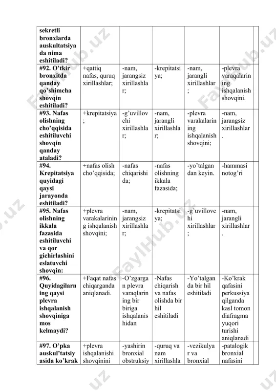 hliqlarda mayda bronxlarda havo o’tkazuvchanligi saqlangan holda mayda bronxlarda va atrofidagi o’pka to’qimasi zichlashganda #100. nam mayda pufakchali jarangsiz xirillashlarning paydo bo’lishi nimaga bog’liq? +suyuq balg’am mayda bronxlarda bo’lsa, atrofidagi o’pka to’qimasida havo o’tkazuvchanligi saqlangan holda -yirik bronxlarda cho’ziluvchan balg’am bor -mayda bronxlar ularning torayishi (spazmi) -suyuq balg’am bronxlar bilan aloqa qiluvchi yirik bronxlarda yoki bo’shliqlarda -suyuq balg’am o’rta kalibrli bronxlarda va atrofidagi o’pka to’qimasi yalliglanib zichlashganda #101. quruq hushtaksimon (diskant ) xirillashlarning paydo bo’lishi nimaga bog’liq? +mayda bronxlar spazmida -yirik bronxlarda cho’ziluvchan balg’am bor -suyuq balg’am bronxlar bilan aloqa qiluvchi yirik bronxlarda yoki bo’shliqlarda -suyuq balg’am mayda bronxlar atrofidagi o’pka to’qimasida havo o’tkazuvchanligi saqlangan holda -suyuq balg’am mayda bronxlarda va atrofidagi o’pka to’qimasi yalliglanib zichlashganda #102. krepitatsiya hosil bo’lishi nimaga bo’g’liq? +alveolalarda kam miqdorda ekssudat yoki transsudat bo’lishiga -plevra pardalarining yalliglanishi (quruq plevrit ) -alveolalar to’liq ekssudat yoki transsudat bilan to’lishi bronxial nafas -yirik bronxlarda cho’ziluvchan balg’am -mayda bronxlarda …