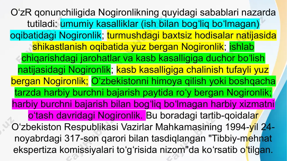ishi mumkin. nogironlik pensiyasini tayinlash muddatlari pensiya olish huquqi paydo bo‘lgan kundan boshlab 60 kungacha murojaat qilinsa – tmek tomonidan nogironlik belgilangan kundan boshlab; 60 kunlik murojaat qilish muddati o‘tkazib yuborilgan xollarda murojaat qilingan kundan boshlab tayinlanadi. nogironlik pensiyalari tmek tomonidan belgilangan butun nogironlik davri uchun tayinlanadi. 60 yoshdan oshgan erkak va 55 yoshdan oshgan ayollarga nogironlik pensiyalari umrbod tayinlanadi. ana shu nogironlarni qayta tibbiy ko‘rikdan o‘tkazish faqat ularning arizasiga binoan amalga oshiriladi nogironlik pensiyasini olish huquqini beradigan ish staji savol: v. ismli shaxs mehnatda mayiblanganlik yoki umumiy kasallik sababli, nogironlikka chiqqan fuqaroga nogironlik pensiyasini tayinlash uning ish stajiga bog‘liq yoki bog‘liq emasligi haqida so‘radi. javob: mehnatda mayiblanganda yoki kasb kasalligiga uchraganda beriladigan nogironlik pensiyalari ish stajidan qat’i nazar, tayinlanadi. umumiy kasallik tufayli beriladigan nogironlik pensiyasi esa nogironlik boshlangan paytga qadar qonunda belgilangan miqdordagi ish stajiga ega bo‘lgan shaxslarga nisbatan tayinlanadi. xususan, 23 yoshga qadar – 2 yil, 23 yoshdan …