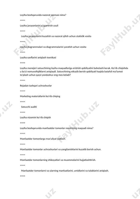 ni so'rang va jamoaga ushbu usullarning aralashmasini qo'llashiga ruxsat bering. ==== loyihani boshqarish bo'yicha o'z metodologiyasini qo'llash uchun tashqi maslahatchini so'rang. ==== loyihaning tarixiy ma'lumotlarini ko'rib chiqing, eng yaxshi tajribalarni aniqlang va jamoaga ushbu yondashuvlar bo'yicha treninglar o'tkazing. ==== to'g'ri metodologiyaga rioya qilmagan jamoa a'zolari uchun jazo tizimini joriy qiling. ++++ loyiha menejeri yangi qurilish loyihasini boshladi. u manfaatdor tomonlarning turli xil umidlari borligidan xavotirda. birinchi navbatda qanday jarayonni bajarish kerak? ==== wbs yaratish ==== jadvalni ishlab chiqish ==== talablarni yig'ish ==== integratsiyalashgan o'zgarishlarni boshqarishni amalga oshiring ++++ bino qurilishi loyihasi uchun loyiha boshqaruvi rejasini ishlab chiqishda siz kerakli ruxsatnomalarni olishda mumkin bo'lgan kechikishlar bo'lishi mumkinligini taxmin qilasiz. bu sizning rejangizga qanday kiritilishi kerak? ==== loyihaning manfaatdor tomonlari bilan muhokama qiling ==== loyihani boshqarish rejasining risklarni boshqarish komponentini yangilang ==== uni loyiha nizomiga kiriting ==== avval loyiha jadvalini yangilang ++++ loyihangiz nufuzli yetkazib beruvchi bilan bir nechta davom etayotgan xaridlarga …