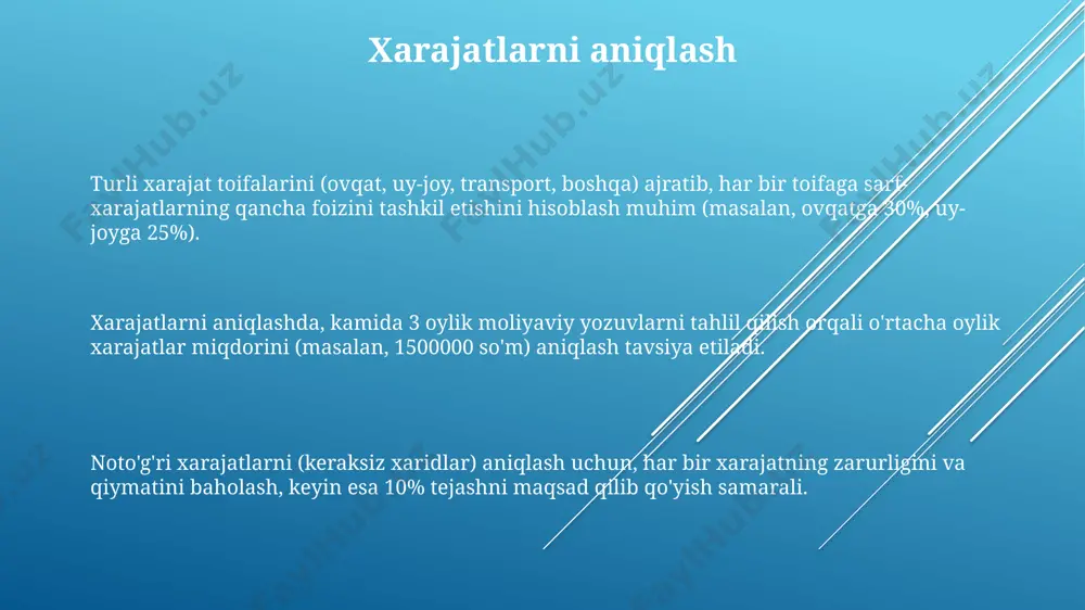 jatlarni kuzatish uchun maxsus dasturlar yoki jadvallardan foydalanish, oylik xarajatlaringizni tahlil qilish va keraksiz xarajatlarni kamaytirish imkonini beradi, natijada 20% gacha tejash mumkin. byudjetga rioya qilish byudjetning samaradorligini baholash uchun har oy oxirida haqiqiy xarajatlarni rejalashtirilgan xarajatlar bilan taqqoslash va kerakli tuzatishlarni amalga oshirish lozim. byudjetni rejalashtirishda kamida 3 oylik daromad va xarajatlarni tahlil qilish, shuningdek, 5-10% zaxira mablag'larini ajratish tavsiya etiladi. byudjetga rioya qilish uchun xarajatlarni kategoriyalarga (masalan, ovqat, transport, kommunal to'lovlar) bo'lish va har bir kategoriya uchun oylik limitlarni belgilash muhim. byudjetni tahlil qilish byudjetni tahlil qilishda regressiya tahlili va dispersiya tahlili kabi statistik usullarni qo'llash orqali prognozlash aniqligini 10-20% ga yaxshilash mumkin. byudjetni tahlil qilish jarayonida kamida 3 ta asosiy ko'rsatkich – daromad, xarajat va foyda –ni tahlil qilish orqali 15% gacha samaradorlikni oshirish mumkin. byudjetdan chetga chiqishlarni aniqlash uchun o'rtacha 5% xato chegarasi bilan og'ishmalarni tahlil qilish, byudjetning aniqligi va ishonchliligini ta'minlashda muhim ahamiyatga ega. byudjetni …