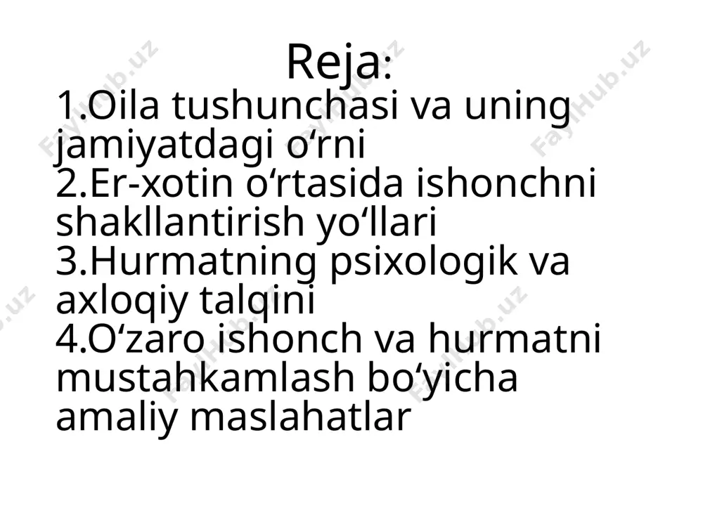 ik va axloqiy talqinlari o‘zaro bog‘liq va bir-birini mustahkamlaydi. 1. psixologik talqin psixologik jihatdan hurmat, biror shaxsning shaxsiyatiga, fikrlariga, his-tuyg‘ulariga va ehtiyojlariga e’tibor berish va bu jihatlarni qadr-qimmat bilan qabul qilishni anglatadi. hurmat, asosan, shaxsning o‘zini qanday his qilishi, o‘zini qadrlanishi va boshqalar tomonidan qanday qabul qilinishiga bog‘liqdir. 2. axloqiy talqin axloqiy jihatdan hurmat, insonlarning bir-biriga nisbatan o‘zaro etik va axloqiy javobgarliklarini bajarishidir. bu qadriyat, odamlarning o‘zaro munosabatlarida adolat, hamdardlik va insoniylikni ta’minlashga yordam beradi. hurmatning axloqiy talqini quyidagi jihatlarni o‘z ichiga oladi: hurmatning o‘zaro bog‘liqligi psixologik va axloqiy talqinlar o‘zaro chambarchas bog‘liqdir. odamlar bir-birini hurmat qilganida, bu nafaqat ularning ichki holatini, balki tashqi xulq-atvorini ham shakllantiradi. agar er-xotin bir-birini psixologik jihatdan tushunsa va hurmat qilsa, bu axloqiy jihatdan ham ularga o‘zaro adolatli, mehribon va samimiy munosabatda bo‘lishni ta’minlaydi. o‘zaro ishonch va hurmatni mustahkamlash bo‘yicha amaliy maslahatlar o‘zaro ishonch va hurmat, oilaviy munosabatlarning asosiy tayanchlaridan biridir. ularning mustahkamligi oiladagi barqarorlik, …