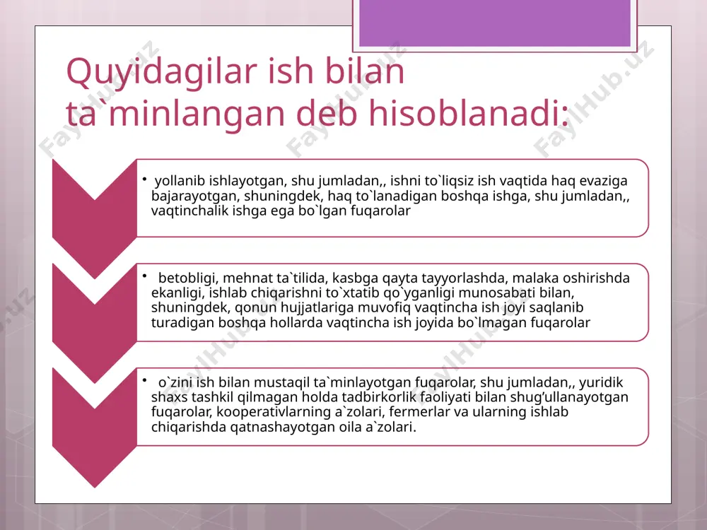 siyosatining yuritilishi o`zbekistonda amalga oshirilayotgan islohotlarning asosiy ijtimoiy vazifalaridan biridir. o`zbekistonda aholini ish bilan ta`minlash sohasidagi davlat siyosati quyidagi tamoyillarga asoslanadi: mehnat qilish va ishni erkin tanlash huquqini amalga oshirishda barcha fuqarolarga jinsi, yoshi, irqi, millati, tili, ijtimoiy kelib chiqishi, mulkiy ahvoli, mansab mavqei, dinga munosabati, e`tiqodi va jamoat birlashmalariga mansubligi, shuningdek xodimlarning ishchanlik jihatlari hamda ular mehnatining natijalariga bog’liq bo`lmagan boshqa holatlardan kat’iy nazar teng imkoniyatlarni ta`minlash; kishilarning mehnat va tadbirkorlik tashabbuslarini qo`llab-quvvatlash va rag’batlantirish, ularda mehnat qilish va hayot kechirishda munosib sharoitlarni ta`minlaydigan unumli va ijodiy mehnat qobiliyatini rivojlantirishga ko`maklashish; mehnat qilishning ixtiyoriyligi; ish bilan ta`minlanish sohasida ijtimoiy kafolatlar berish va aholini ishsizlikdan himoya qilishni ta`minlash; ijtimoiy himoyaga o`ta muhtoj va ish topishda qiynalayotgan fuqarolar uchun mavjud ish joylarini saqlab qolayottan va yangi ish joylarini yaratayottan ish beruvchilarni rag’batlantirish; ish bilan ta`minlash sohasidagi tadbirlarni ijtimoiy va iqtisodiy siyosatning boshqa yo`nalishlari bilan muvofiqlashtirish; aholini ish bilan ta`minlash chora-tadbirlarini ishlab …