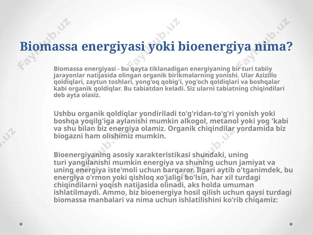 a qo'shishdan tashqari, qoldiqlarning yonishi sababli yuzaga kelishi mumkin bo'lgan yong'inlarning oldini oladi bioenergiyani olishning turli manbalari bioenergiya ishlab chiqarish uchun chiqindilarning yana bir manbai l dan foydalanish bo'lishi mumkinsanoat jarayoni chiqindilari. ular duradgorlik do'konlaridan yoki yog'ochni xom ashyo sifatida ishlatadigan fabrikalardan kelishi mumkin. bundan tashqari, zaytun quduqlari yoki bodom qobig'i kabi bir martalik chiqindilardan kelib chiqishi mumkin. 3/29/2024 footer text 5 biomassadan olinadigan asosiy mahsulotlar organik chiqindilar bilan quyidagi yoqilg'ilar: bioyoqilg'i: ular hayvon va o'simlik organik qoldiqlaridan olinadi. ushbu qoldiqlarning tabiati yangilanib turadi, ya'ni ular doimiy ravishda atrof muhitda ishlab chiqariladi va tükenmez. bioyoqilg'idan foydalanish neftdan olinadigan qazib olinadigan yoqilg'ini almashtirishga imkon beradi. bioyoqilg'ini olish uchun qishloq xo'jaligida ishlatiladigan turlar, masalan, makkajo'xori va kassava yoki soya, kungaboqar yoki xurmo kabi oleagin o'simliklardan foydalanish mumkin. evkalipt va qarag'ay kabi o'rmon turlaridan ham foydalanish mumkin. bioyoqilg'idan foydalanishning ekologik afzalligi shundaki, u yopiq uglerod aylanishini tashkil etadi. boshqacha qilib aytadigan bo'lsak, bioyoqilg'ining …