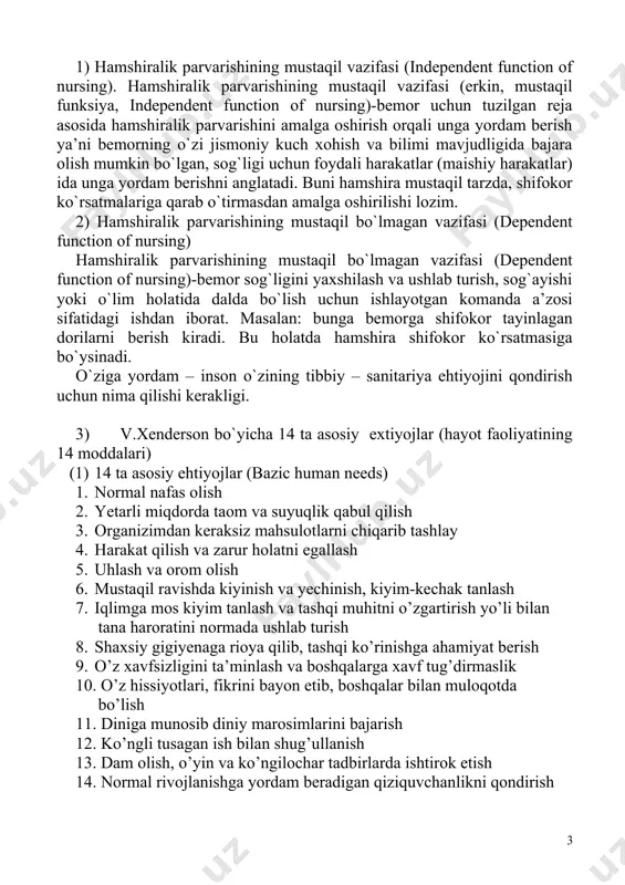 unda bu insonning tezroq mustaqil bo`lishiga yordam beradigan parvarishni olib borishi lozim». (2) mazkur konsepsiyaning xususiyatlari: hamshiralik parvarishida sog`liqning yaxshilanishi va mustaqillikka (birovga qaram bo`lmaslikka) erishishda yordamlashishga alohida e’tibor berish. 1) hamshiralik parvarishining mustaqil vazifasi (independent function of nursing). hamshiralik parvarishining mustaqil vazifasi (erkin, mustaqil funksiya, independent function of nursing)-bemor uchun tuzilgan reja asosida hamshiralik parvarishini amalga oshirish orqali unga yordam berish ya’ni bemorning o`zi jismoniy kuch xohish va bilimi mavjudligida bajara olish mumkin bo`lgan, sog`ligi uchun foydali harakatlar (maishiy harakatlar) ida unga yordam berishni anglatadi. buni hamshira mustaqil tarzda, shifokor ko`rsatmalariga qarab o`tirmasdan amalga oshirilishi lozim. 2) hamshiralik parvarishining mustaqil bo`lmagan vazifasi (dependent function of nursing) hamshiralik parvarishining mustaqil bo`lmagan vazifasi (dependent function of nursing)-bemor sog`ligini yaxshilash va ushlab turish, sog`ayishi yoki o`lim holatida dalda bo`lish uchun ishlayotgan komanda a’zosi sifatidagi ishdan iborat. masalan: bunga bemorga shifokor tayinlagan dorilarni berish kiradi. bu holatda hamshira shifokor ko`rsatmasiga bo`ysinadi. o`ziga yordam …