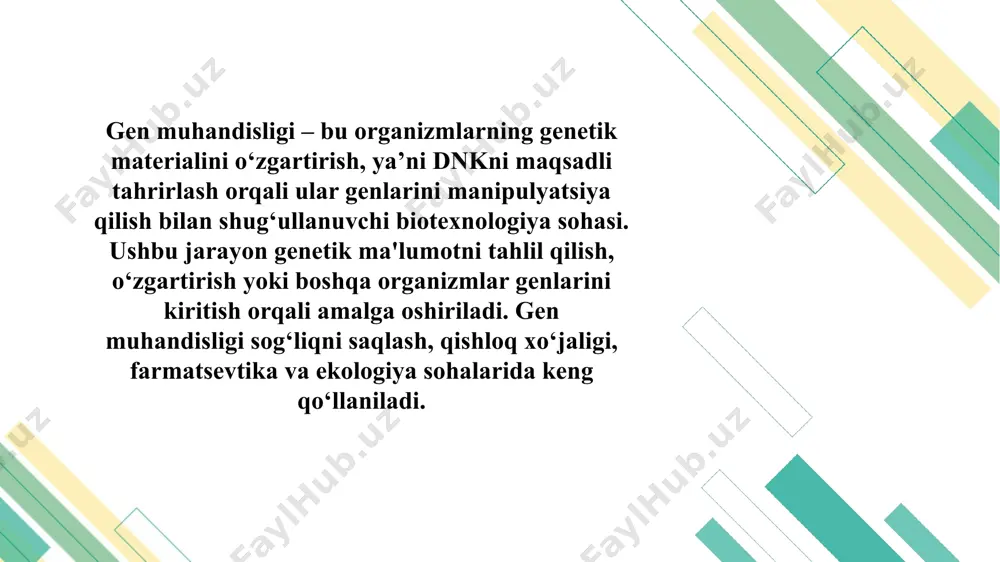 mlilik – zararkunandalardan o‘simliklarni himoya qiluvchi genlar qo‘shiladi. 3. qurg‘oqchilikka chidamli ekinlar – suv kam bo‘lganda ham o‘sadigan o‘simliklar yaratiladi. 4. ozuqaviy sifatni yaxshilash – vitamin va foydali moddalar bilan boy o‘simliklar hosil qilinadi. 5. kimyoviy moddalarni kamaytirish – pestitsid va o‘g‘itlar kamroq ishlatiladi, bu ekologiyani asraydi. 9 e’tiboringiz uchun rahmat 01 02 03 ad your title add your title 12 keywords keywords keywords keywords keywords 15 image1.png image2.png image3.png image4.jpeg image5.jpeg image6.jpeg