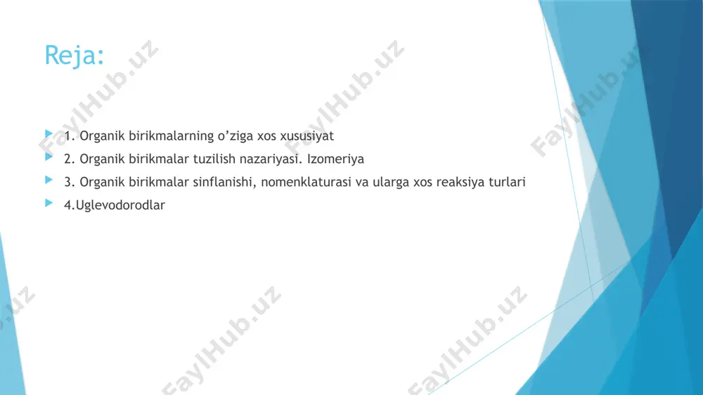 etma-ketlikda birikkan. atomlarning bog‘ianish tartibi kimyoviy tuzilish deyiladi. 2. moddalarning xossalari uning molekulasining tarkibiga qanday atomlar va qancha miqdorda kirishigagina emas, balki ular bir-biri bilan qaysi tartibda birikkanligiga, ya’ni molekulaning kimyoviy tuzilishiga ham bog‘liq. 3. molekulani hosil qilgan atomlar yoki atom gruppalari birbiriga ta’sir etadi, molekulaning reaksiyaga kirishish xususiyati ana shu ta’sirga ham bog‘iiq bo‘iadi. organik birikmalarning o’ziga xos xususiyatlari: organik birikmalar tarkibida uglerodning borligi uglerod atomlari bilan kovalent bog’lar orqali va uning boshqa elementlar bilan hamda boshqa birikishi natijasida uzun uglerod zanjirini hosil qila olishi; organik birikmalar tarkibida uglerod va vodarod borligi uchun, ular yonganda karbonat angidrid bilan suv hosil bo’ladi; suyuqlanish va parchalanish harorati anorganik birikmalarga nisbatan ancha past boladi; organik moddalar anorganik moddalarga nisbatan beqaror, harorat tasirida oson o’zgaradi; organik birikmalar ko’pchillik anorganik birikmalardan farq qilib dissotsiyalanmaydi va noelektrolitlar hisoblanadi; organik reaksiyalar anorganik moddalar orasidagi reaksiyalarga nisbatan sekin boradi. chunki organik birikma kovalent bog’lar orqali bog’langan; organik …
