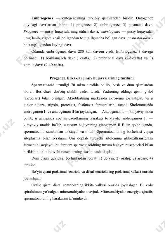 upqa parda bilan qoplangan va keskin chegarasiz terminal qismga o`tadi. spermatozoid ustki tomondan glikokaliks bilan qoplangan. xivchinning asosidan 9 juft periferik va 1 juft markaziy mikronaychalardan iborat o`q ip o`tadi, mikronaychalardan dinein oqsilini tutuvchi «qo`lcha” chiqadi. dinein — atf kimyoviy energiyasini mexanik energiyaga aylantirish imkonini beruvchi ferment. agar mikronaychada dinein fermenti bo`lmasa, spermatozoidlar xarakatlanish qobiliyatini yo`qotadi va bu erkaklardagi bepushtlikning sabablaridan biri hisoblanadi. erkaklarda bir marta ajraladigan eyakulyat 3 ml ni tashkil qiladi. unda 350 million atrofida spermatozoidlar joylashgan: shundan 60% — to`liq etilgan, 2% —etilmagan (spermatidlar) va 30% — atipik (katta boshchali, kichik boshchali, noto`g`ri shaklli boshcha tutuvchi, noto`g`ri shaklli xivchinli, ikki xivchinli, ikki boshchali va x.k.). atipik spermatozoidlar ayniqsa kashandalar va alkologiliklarda ko`p uchraydi. bjsst normativlariga ko`ra 1 ml eyakulyatda 20-200 millionov spermatozoidlar, shulardan normal spermatozoidlar 60%-dan kam bo`lmasligi, atipiklari —30%dan ko`p bo`lmasligi, tiriklari — 75%-dan kam bo`lmasligi, xarakatchanlari - 50%-dan kam bo`lmasligi, etilmaganlari (spermatidlar, spermatotsitlar) – 2%dan …