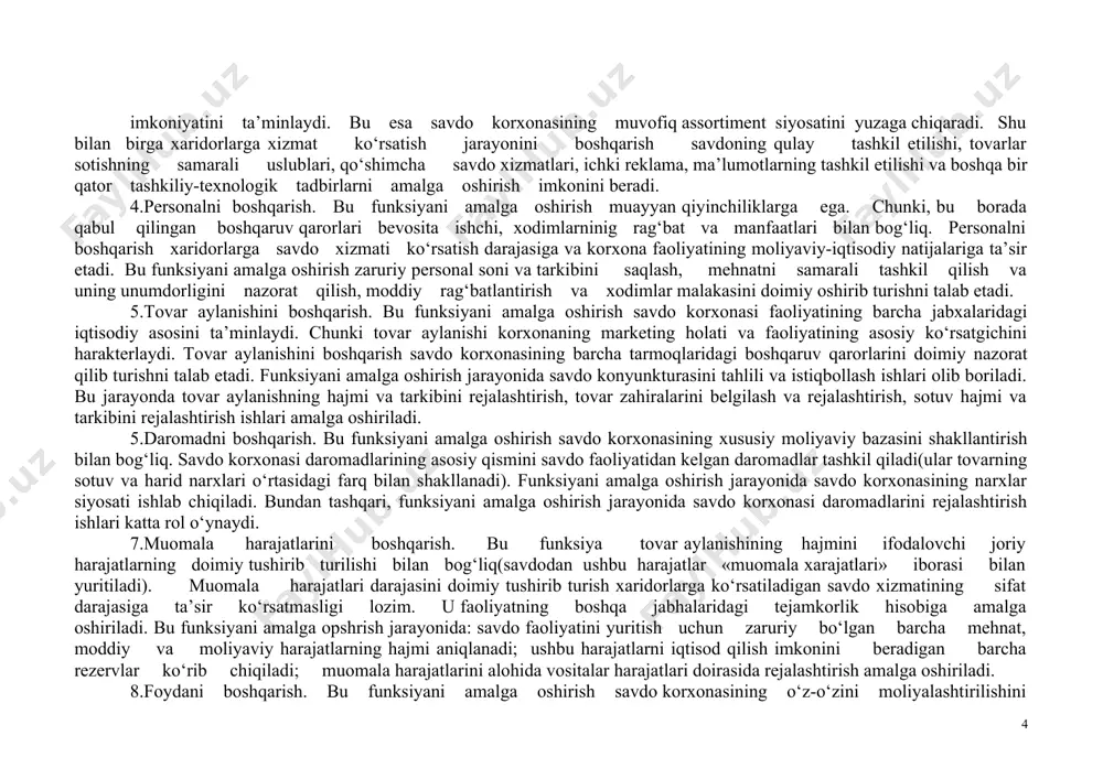 a eng samarali soliq siyosati ishlab chiqiladi. tovarlar xarid qilish bo‘yicha tijorat bitimlarining samaradorligini ta’minlaydi. foydaning iste’mol qilinishini boshqarish savdo korxonasini rivojlantirish masalalariga bo‘ysunadi. u foydani alohida garmoqlar bo‘yicha eng samarali taqsimlash orqali amalga oshiriladi. 9.aktivlarni boshqarish. bu funksiyani amalga oshirish savdo korxonasining ish potensialidan samarali foydalanishni shakllantirish bilan bog‘liq. funksiyani amalga oshirish jarayonid: savdo faoliyatining belgilangan ko‘lamidan kelib chiqqan holda, aktivlarning alohida turlari bo‘yicha xaqiqiy talab aniqlanadi; ularning umumiy summasi aniqlanadi; aktivlarni ularning kompleks foydalanish samaradorligi bilan muvofiqlashtiriladi va doimiy to‘lov qobiliyatini ta’miilashi uchun uning likvidligi optimallashtiriladi; alohida aktivlar bo‘yicha aylanish tezligi ta’minlanadi, birinchi o‘rinda tovar zahiralari, material va tara zahiralari, debitorlik qarzlari va pul vositalarining aylanish tezligini oshirishga erishiladi; turli aktvlarni moliyalashtirishning shakl va manbalari aniqlanadi. 10. kapitalni boshqarish. bu funksiyani yuzaga chiqishi jarayonida: korxonani rivojlantirish uchun zaruriy kapitalning umumiy ehtiyoji aniqlanadi; uning eng muvofiq tuzilmasi shakllantiriladi; o‘z manbalaridan kelib chiqqan holda moliyaviy resurslarni shakllantirishning yo‘llari qidiriladi; qisqa …