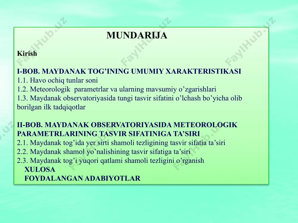 qatlamlirining integral tasvir sifatiga qo‘shgan hissasini baholash bu astropunktdagi astroiqlim tadqiqotlarining eng muhim vazifalaridan bo‘lib qoldi. bundan tashqari, maydanak observatoriyasi yuqori qatlamlaridagi shamolning tezliga va uning mavsumiy o‘zgarishlarini baholash hamda ularni jahonning yetakchi observatoriyalari bilan solishtirish bugungi kun astronomiyasining dolzarb masalalaridan biri bo‘lib qoldi tadqiqot predmeti va ob’yekti ushbu ilmiy tadqiqot ishida tadqiqot predmeti sifatida maydanak observatoriyasi tungi atmosferasining asosiy astroiqlim parametrlari va ularning mavsumiy o‘zgarishlari, obyekti sifatida observatoriyaning tropopauza qamlamidagi yuqori shamol tezligi olindi bitiruv malakaviy ishining maqsad va vazifalari ushbu bitiruv malakaviy ishining maqsadi etib maydanak balandtog‘ observatoriyasi meteoparametrlari va ularning mavsumiy o‘zgarishlarini o‘zgarishini o‘rganish beligilandi. maydanak tog‘ida astroiqlimning yordamchi parametrlari – turbulentlik tashqi masshtabi, izoplanatizm burchchagi va kogerentlik vaqtining shakllanishiga ta’sir etuvchi yuqori qatlam shamolining tezligini o‘rganish ham bitiruv malakaviy ishining asosiy maqsadi deb olingan. ishning maqsadini ro‘yobga chiqarish uchun bitiruvchi oldiga maydanakda olingan meteoparametrlar va yuqori qatlam shamoli bo‘yicha ma’lumotlarni taxlil qilish hamda ularni jahonning yetakchi …