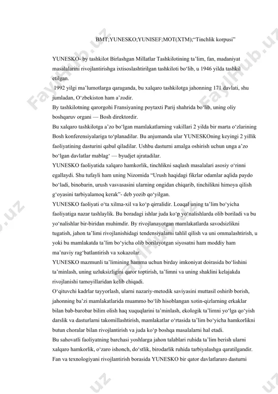 izligini qaror toptirish, ta’limni va uning shaklini kelajakda rivojlanishi tamoyillaridan kelib chiqadi. о‘qituvchi kadrlar tayyorlash, ularni nazariy-metodik saviyasini muttasil oshirib borish, jahonning ba’zi mamlakatlarida muammo bо‘lib hisoblangan xotin-qizlarning erkaklar bilan bab-barobar bilim olish haq xuquqlarini ta’minlash, ekologik ta’limni yо‘lga qо‘yish darslik va dasturlarni takomillashtirish, mamlakatlar о‘rtasida ta’lim bо‘yicha hamkorlikni butun choralar bilan rivojlantirish va juda kо‘p boshqa masalalarni hal etadi. bu sahovatli faoliyatning barchasi yoshlarga jahon talablari ruhida ta’lim berish ularni xalqaro hamkorlik, о‘zaro ishonch, dо‘stlik, birodarlik ruhida tarbiyalashga qaratilgandir. fan va texnologiyani rivojlantirish borasida yunesko bir qator davlatlararo dasturni amalga oshirdi. bu dastur asosan ekologik muhitni yaxshilash, atrof-muhitni muhofaza etish bilan bog‘liqdir. shuningdek, mazkur yunalishda muvofiqlashtirilgan, birgalikdagi ilmiy tadqiqotlarni amalga oshirish, jahon ilmiy markazlari, universitetlar, olimlar hamkorligini rivojlantirish bilan bog‘liq muhim ishlar ham yо‘lga qо‘yiladi. ma’lumki, hozirgi dunyoda millatlar va xalqlarning madaniy, tarixiy meroslarini, osori atiqalarini asrash, avaylash, kelajak avlodlar uchun uni saqlash, ta’mirlash ishlari katta ahamiyatga molikdir. bu …