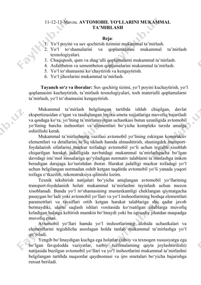 avtomobil yo‘llarini mukammal ta’mirlash — DOCX