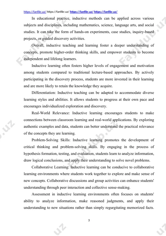 learning encourages students to make connections between classroom learning and real-world applications. by exploring authentic examples and data, students can better understand the practical relevance of the concepts they are learning. problem-solving skills: inductive learning promotes the development of critical thinking and problem-solving skills. by engaging in the process of hypothesis formation, testing, and evaluation, students learn to analyze information, draw logical conclusions, and apply their understanding to solve novel problems. collaborative learning: inductive learning can be conducive to collaborative learning environments where students work together to explore and make sense of new concepts. collaborative discussions and group activities can enhance students' understanding through peer interaction and collective sense-making. assessment in inductive learning environments often focuses on students' ability to analyze information, make reasoned judgments, and apply their understanding to new situations rather than simply regurgitating memorized facts. performance assessments, portfolios, and projects can be effective ways to evaluate students' …