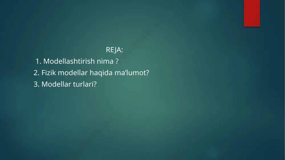 i asbob va qurilmalar, trenajyorlar va shu kabilar kiritiladi. fizika va elektronika ta’limi soxalarida kompyuter texnalogiyalaridan foydalanilgan holda fizikaviy jarayonlar va tajribalarni modellashtirish usullari qarab chiqiladi. fizik jarayonlarni labview dasturida modellashtirish o‘quvchilarga ko‘pgina qulayliklar yaratadi. labview dasturi yordamida temperatura va svitafor loyixalashtiriladi. modellashning yana bir turi analog modellashdir. u fizik tabiati har xil boʻlgan, lekin bir xil matematik (algebrik, differensial va boshqalar) tenglamalar bilan ifodalanadigan hodisalarning analogiyasi (oʻxshashligi)ga asoslanadi. modellash har doim boshqa ilmiy va maxsus usullar bilan birga qoʻllanadi. avvalo, modellash eksperiment bilan chambarchas bogʻliq. biror hodisani uning modelida oʻrganishni eksperimentning alohida xili deb karash mumkin. baʼzi murakkab hodisalar (mas, turbulentlik, havo yoki suyuqlik oqimining uzilish sohasidagi pulslanishlar va boshqalar) uchun stoxastik modellashdan foydalaniladi. u hodisalarning ehtimolligini aniqlashga asoslanadi. bunday modellar ayni hodisadagi ayrim jarayonlarning oʻtishini toʻla aks ettirmaydi, balki qandaydir oʻrtacha, summar natijani beradi. fizik modellashtirish paytida o’rganilayotgan jarayonning tabiatini ochib beruvchi tajribalar sanoat qurilmalaridan (originaldan) o’lchamlari va …