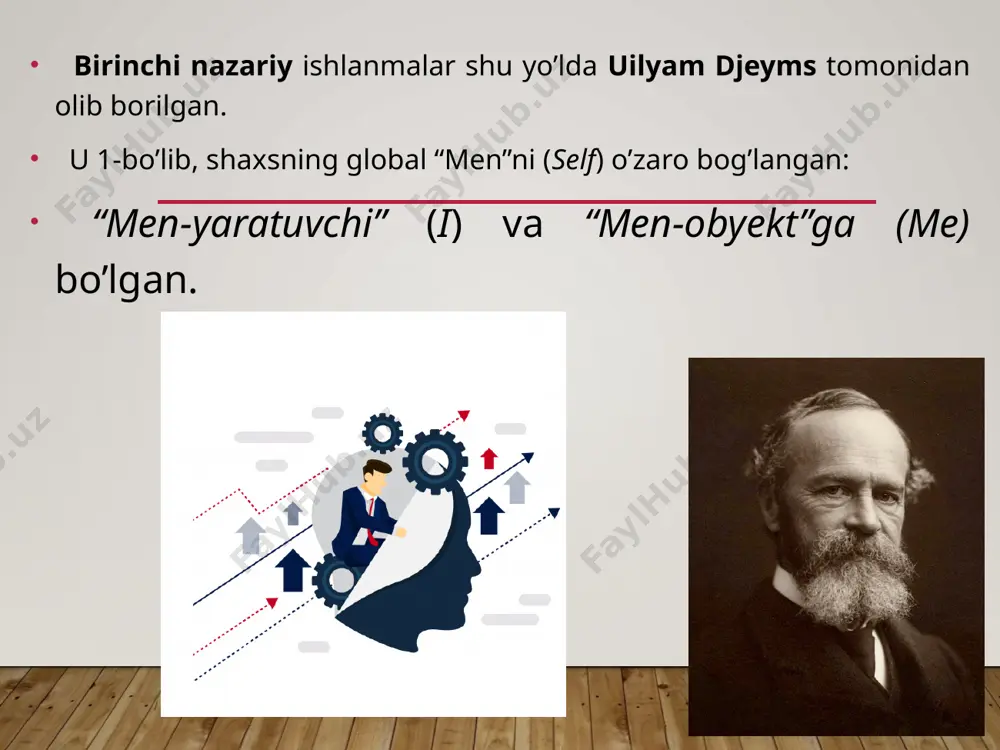 a baho berishi, o‘zini shaxs sifatida anglashi, o‘z xatti-harakatlari, fikrlari va hislari, istaklari va qiziqishlarini anglashidir”. o‘z-o‘zini anglash-bu umuman olganda, shaxs «men» obrazining hosil bo‘lishi demakdir (i.s.kon 1978). ko'pchilik tadqiqotlar shuni ko'rsatadiki, «men» obrazi insonda tez hosil bo‘lmaydi, balki butun umri davomida ijtimoiy ta’sirlar natijasida yuzaga keladi. shaxsning o‘z-o‘zini anglash sohasi — bu «men» obrazining yil sayin o‘zgarib borish jarayoni bo'lib, bu jarayon davomida shaxs dastlab o'zining boshqalardan farqliligini anglash bilan birga, o'zini ko'rsatishga harakat qilish, mustaqil fikr yurita olish qobiliyatini ham anglashga harakat qiladi. undan so'ng shaxsda o'z-o'zini baholash, anglash, nazorat qilish xususiyatlari rivojlanadiki, bular ham faol shaxs psixologiyasining tarkibiy qismi sifatida qaraladi. «men» obrazining asosiy tarkibiy qismi o'zini baholashdir. u.djeymsning original formulasi bo'yicha uni hisoblash ham mumkin. muvaffaqiyat talabgorlik = o’zini baholash yoshlikda o‘z-o‘zini baholash tashqi baholar ostida shakllanadi, bu esa keyinchalik interiorzatsiyalanib (tashqi real faoliyatning ichki timsoliy harakatlarga o’tishi) o'ziga munosabatga aylanadi. «men» obrazi asosida har bir …